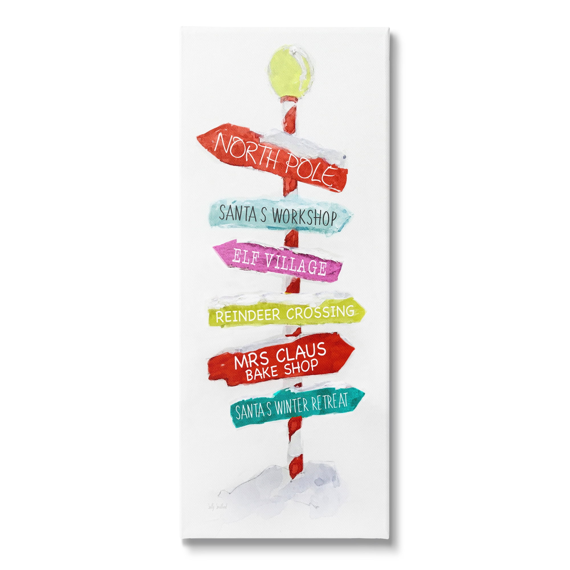 Stupell Industries Holiday Directional Sign Holiday Painting Gallery Wrapped Canvas Art Print Wall Art, 10 x 24