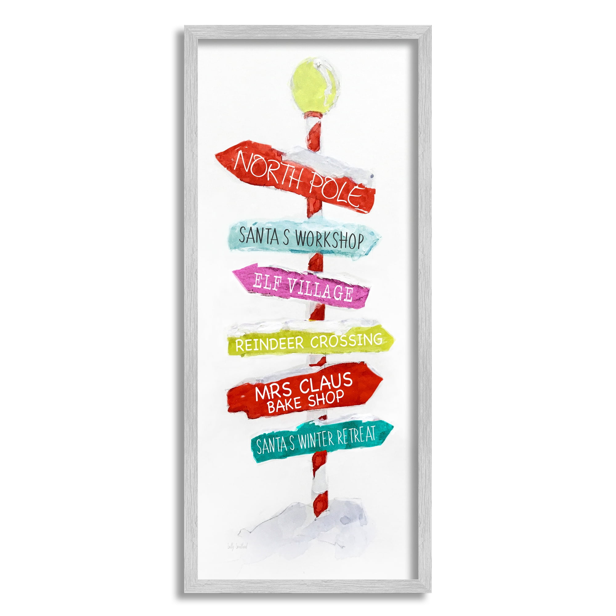 Stupell Industries Holiday Directional Sign Holiday Painting Gray Framed Art Print Wall Art, 10 x 24