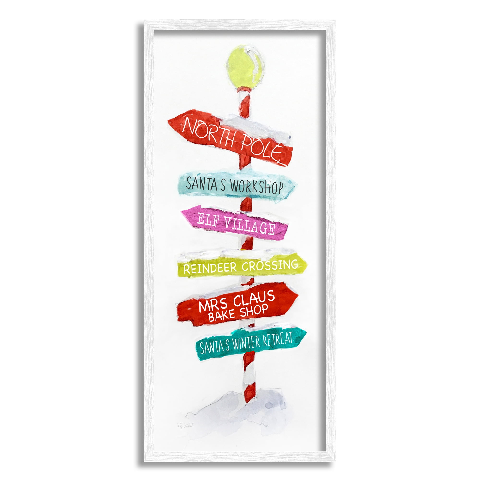 Stupell Industries Holiday Directional Sign Holiday Painting White Framed Art Print Wall Art, 13 x 30