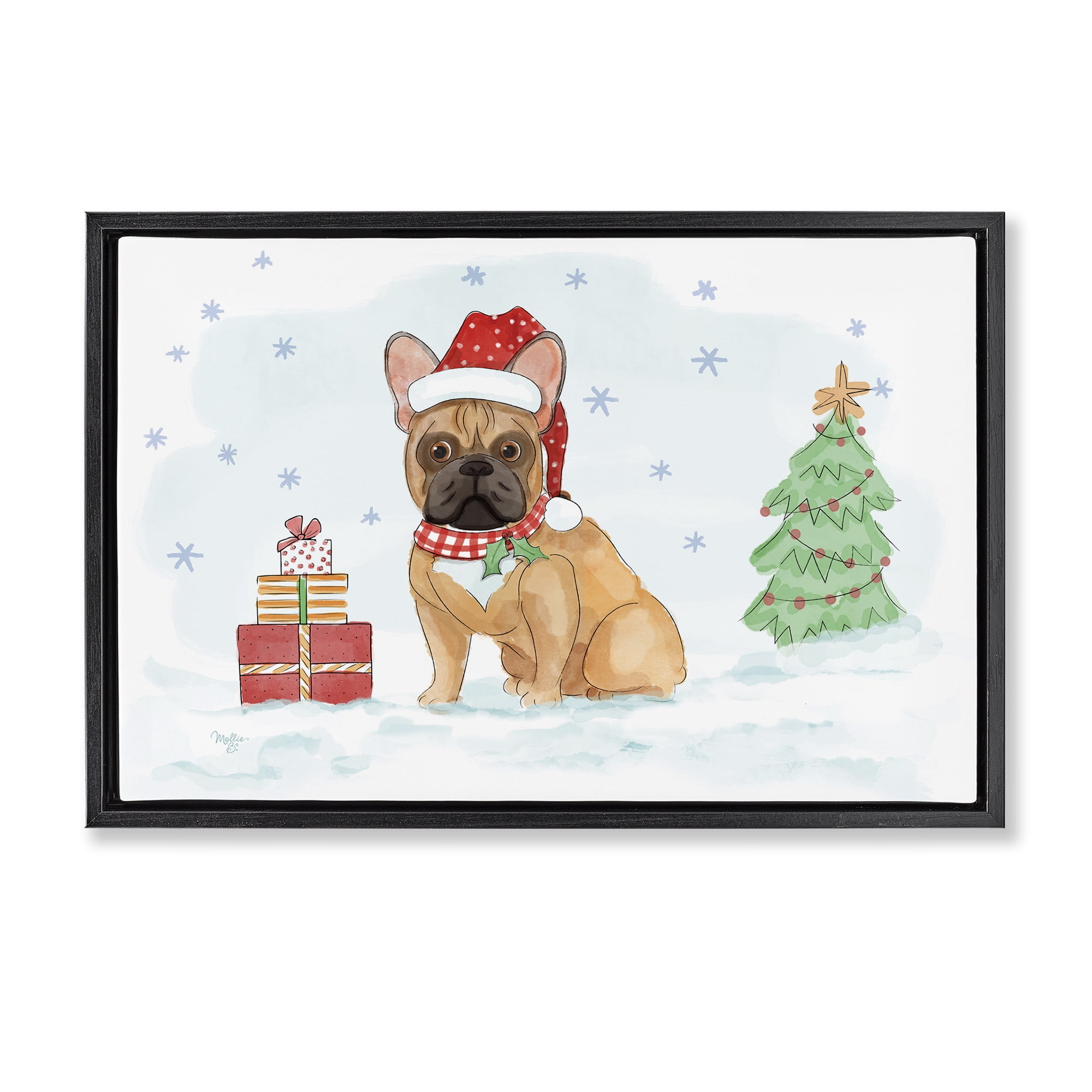 Stupell Industries Holiday Dog in Snow Holiday Painting Black Floater Framed Canvas Art Prints Wall Art, 25 x 17
