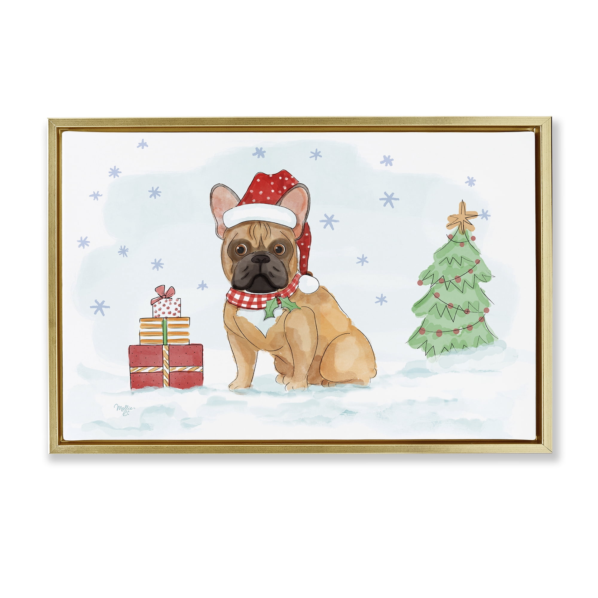 Stupell Industries Holiday Dog in Snow Holiday Painting Gold Floater Framed Canvas Art Prints Wall Art, 31 x 21