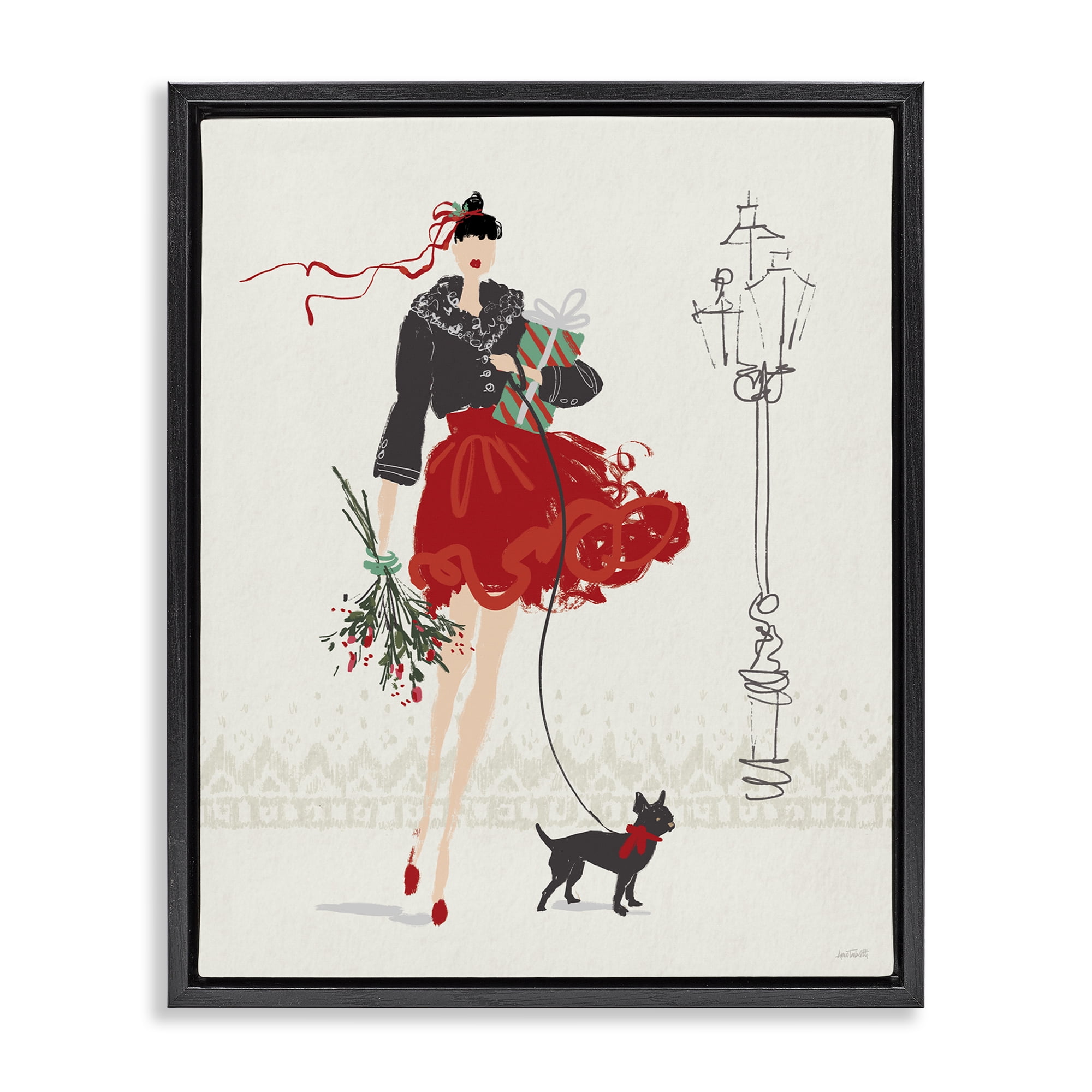 Stupell Industries Holiday Fashionista Girl Holiday Painting Black Floater Framed Canvas Art Prints Wall Art, 17 x 21