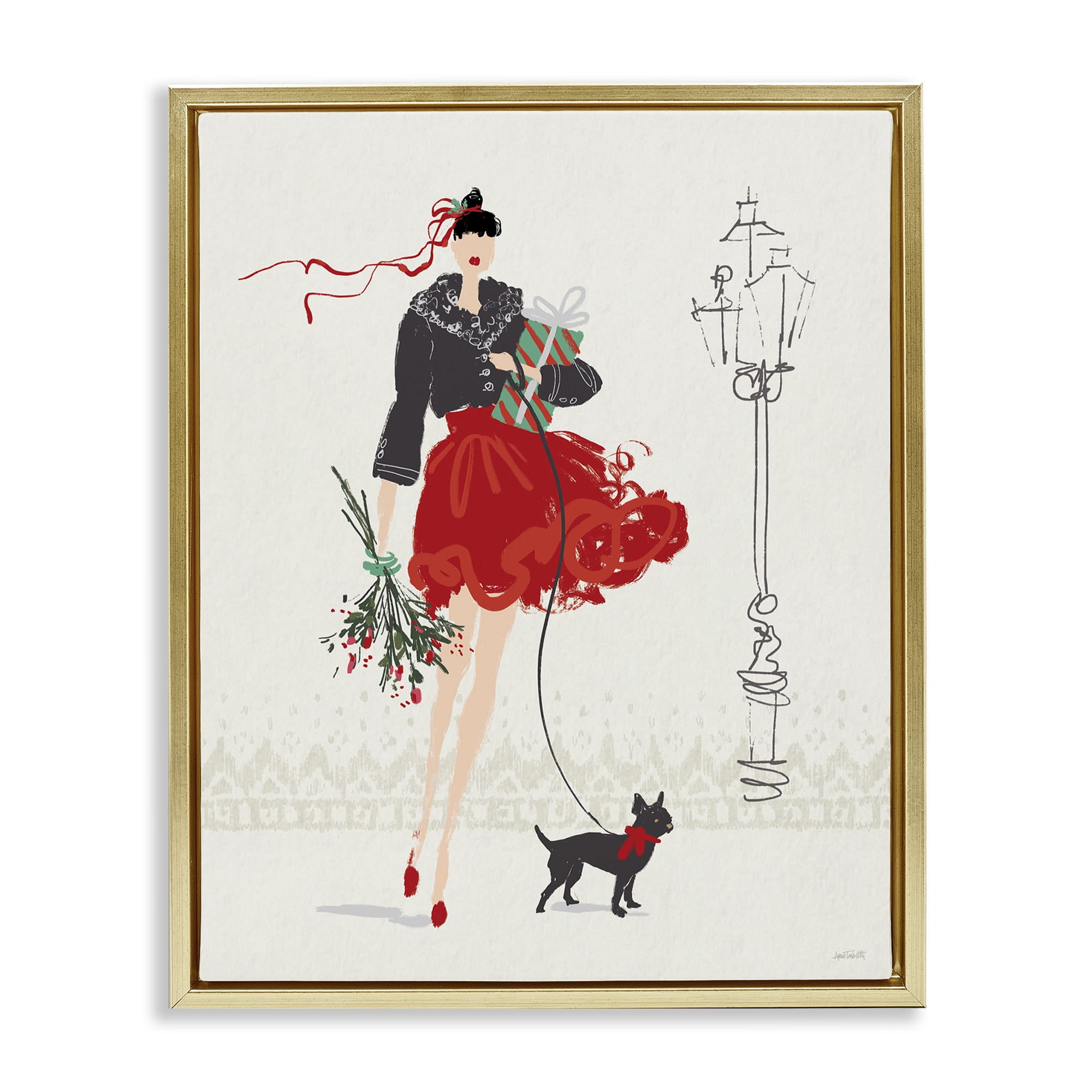 Stupell Industries Holiday Fashionista Girl Holiday Painting Gold Floater Framed Canvas Art Prints Wall Art, 17 x 21