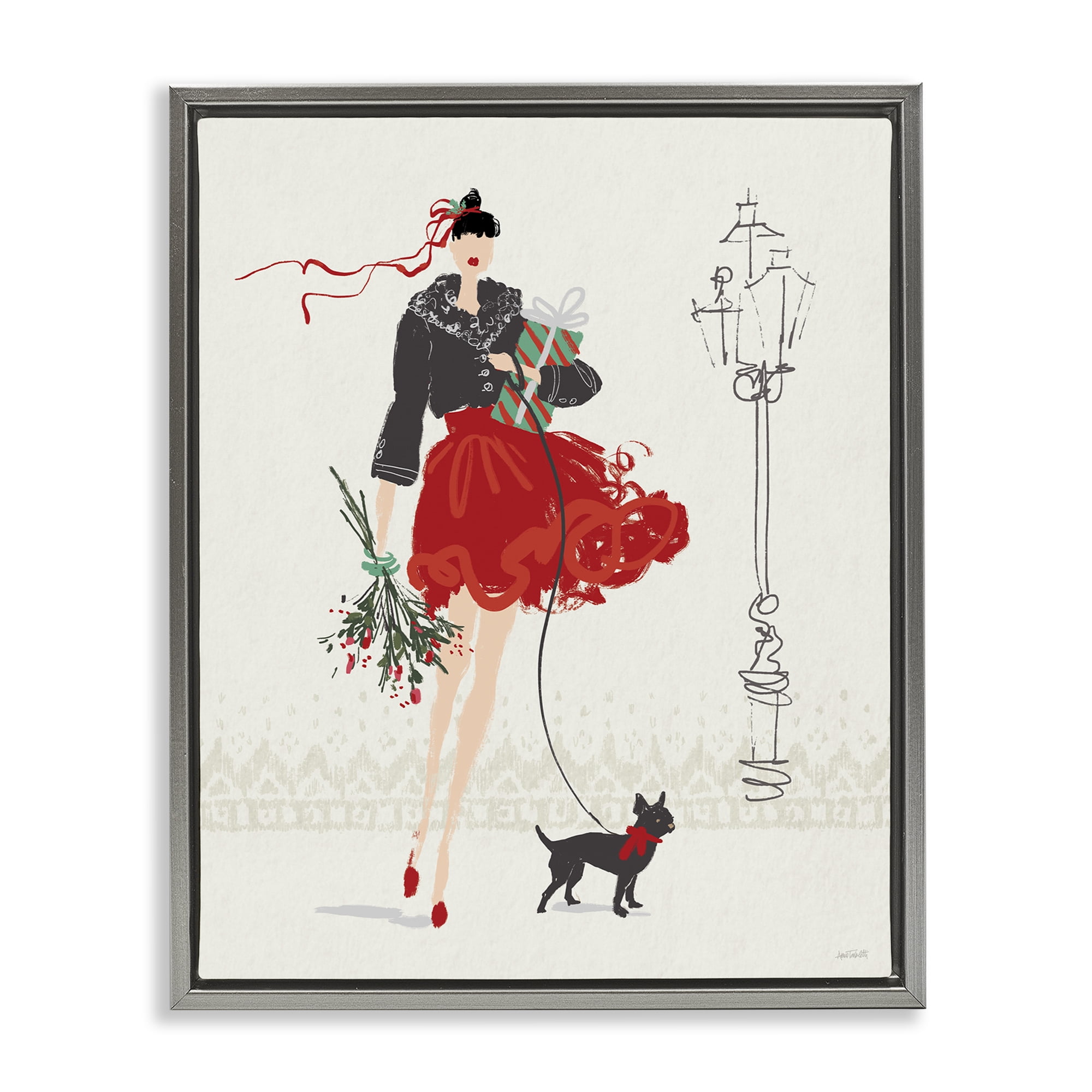 Stupell Industries Holiday Fashionista Girl Holiday Painting Gray Floater Framed Canvas Art Prints Wall Art, 17 x 21