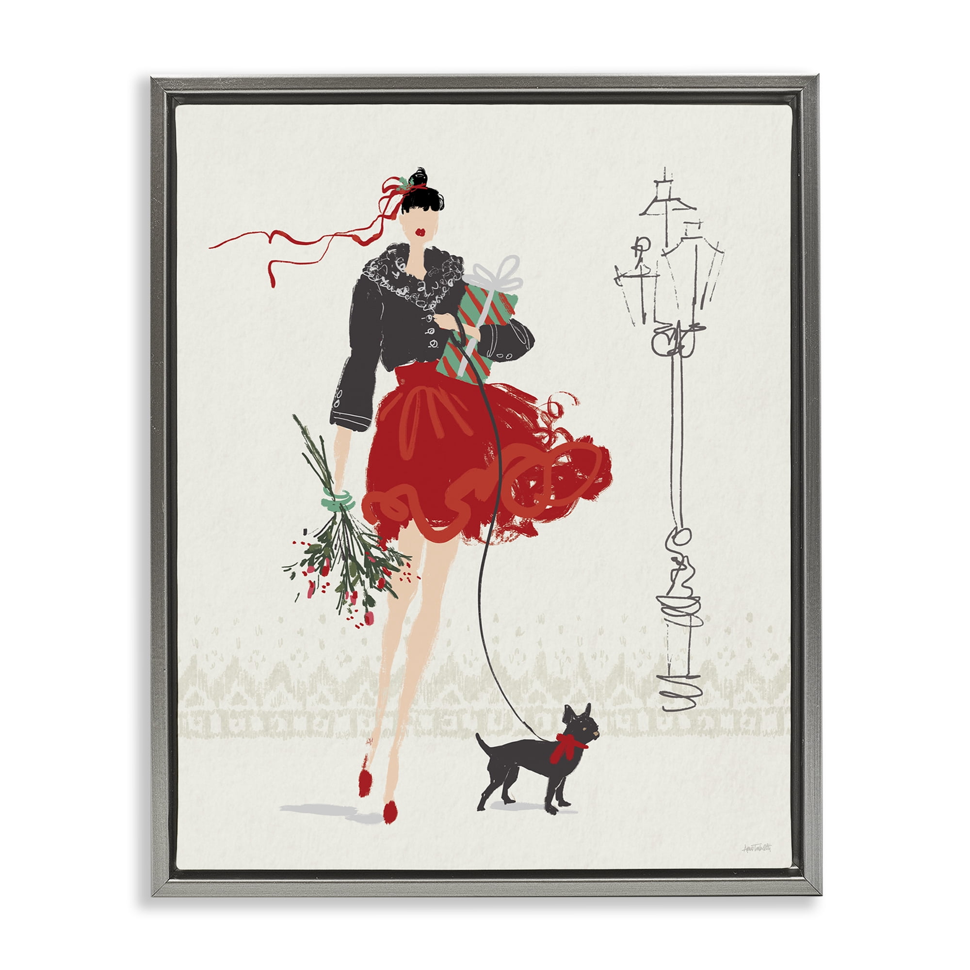 Stupell Industries Holiday Fashionista Girl Holiday Painting Gray Floater Framed Canvas Art Prints Wall Art, 25 x 31