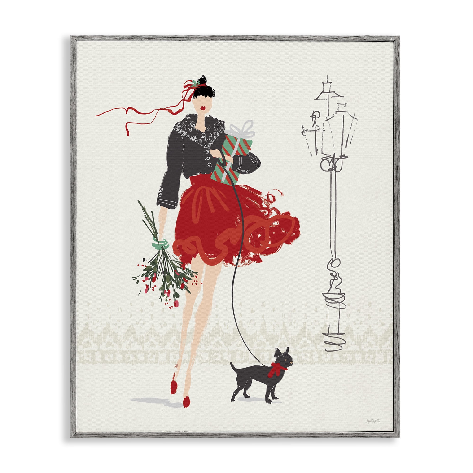 Stupell Industries Holiday Fashionista Girl Holiday Painting Gray Framed Art Prints Wall Art, 11 x 14