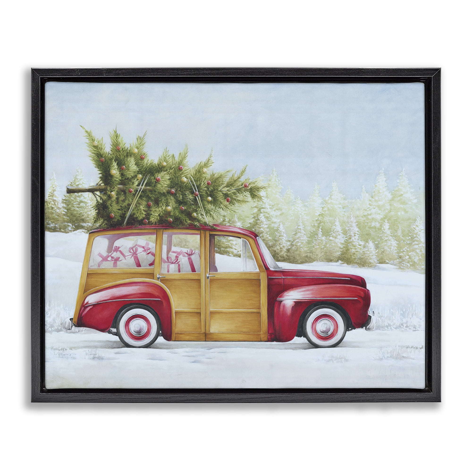 Stupell Industries Holiday Fun Filled Car Holiday Painting Black Floater Framed Canvas Art Prints Wall Art, 31 x 25