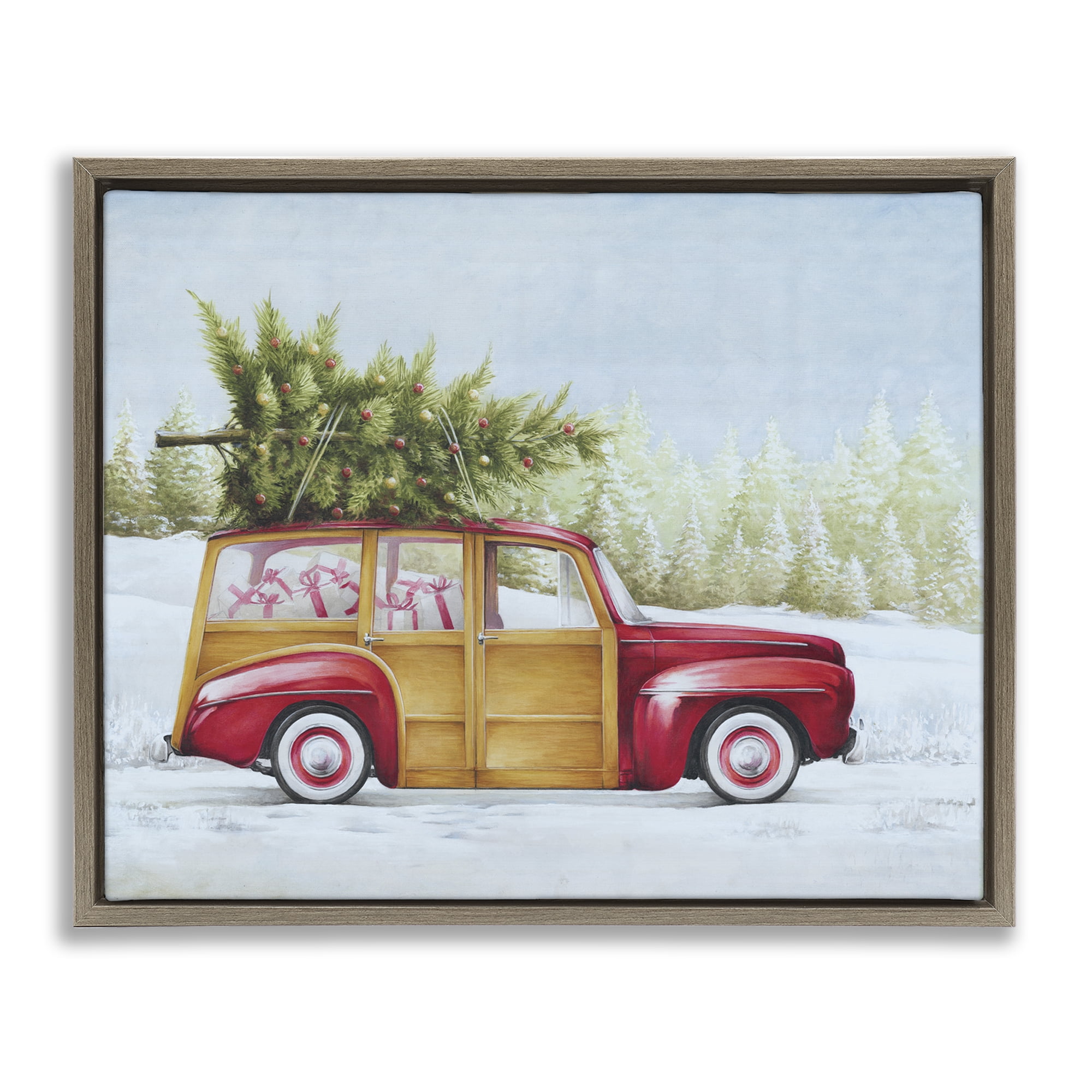 Stupell Industries Holiday Fun Filled Car Holiday Painting Brown Floater Framed Canvas Art Prints Wall Art, 21 x 17