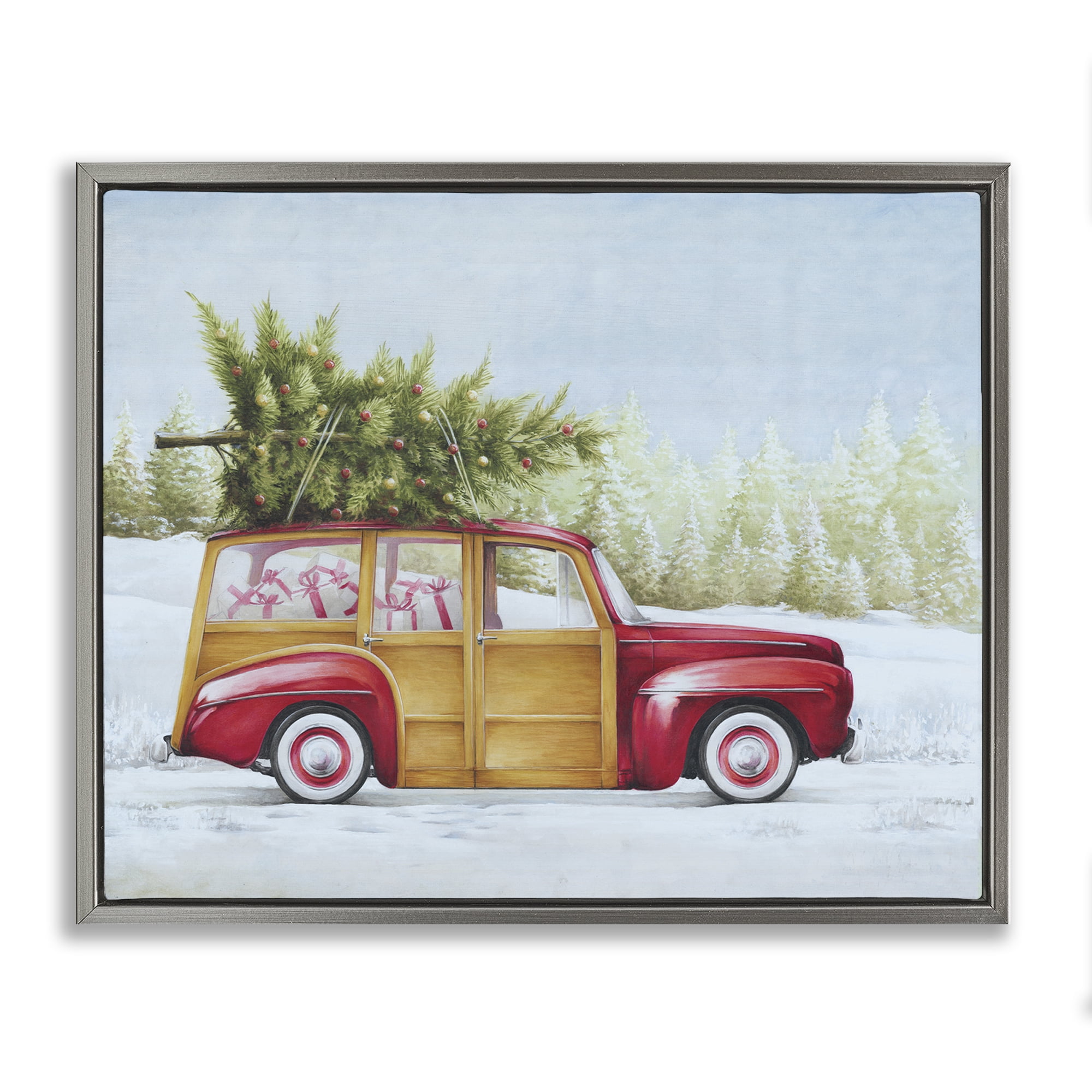 Stupell Industries Holiday Fun Filled Car Holiday Painting Gray Floater Framed Canvas Art Prints Wall Art, 31 x 25