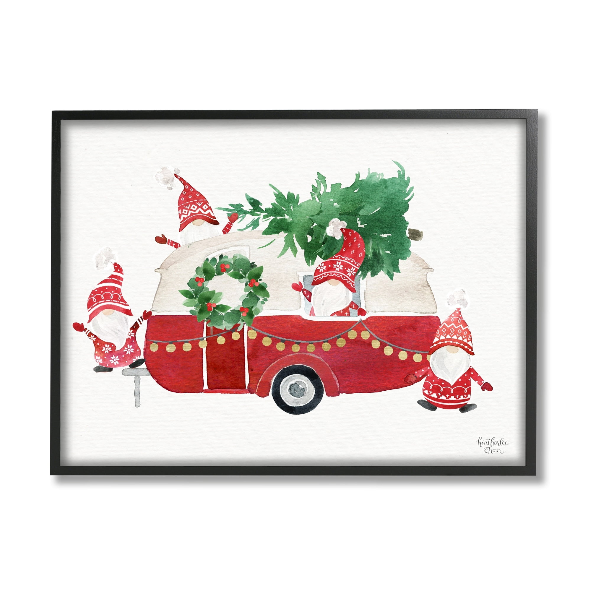 Stupell Industries Holiday Garden Gnomes Seasonal Holly Wreath Tree Painting Black Framed Art Print Wall Art, Design by Heatherlee Chan