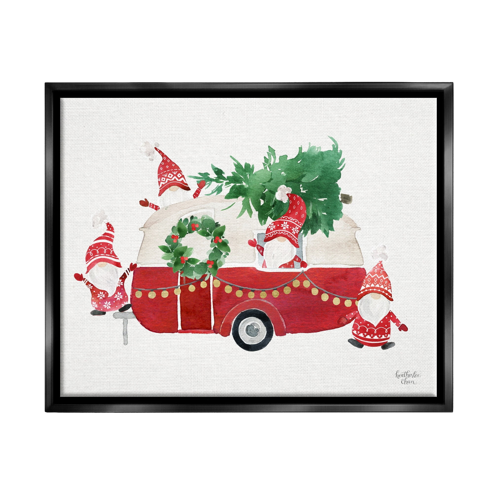 Stupell Industries Holiday Garden Gnomes Seasonal Holly Wreath Tree Painting Jet Black Floating Framed Canvas Print Wall Art, Design by Heatherlee Chan