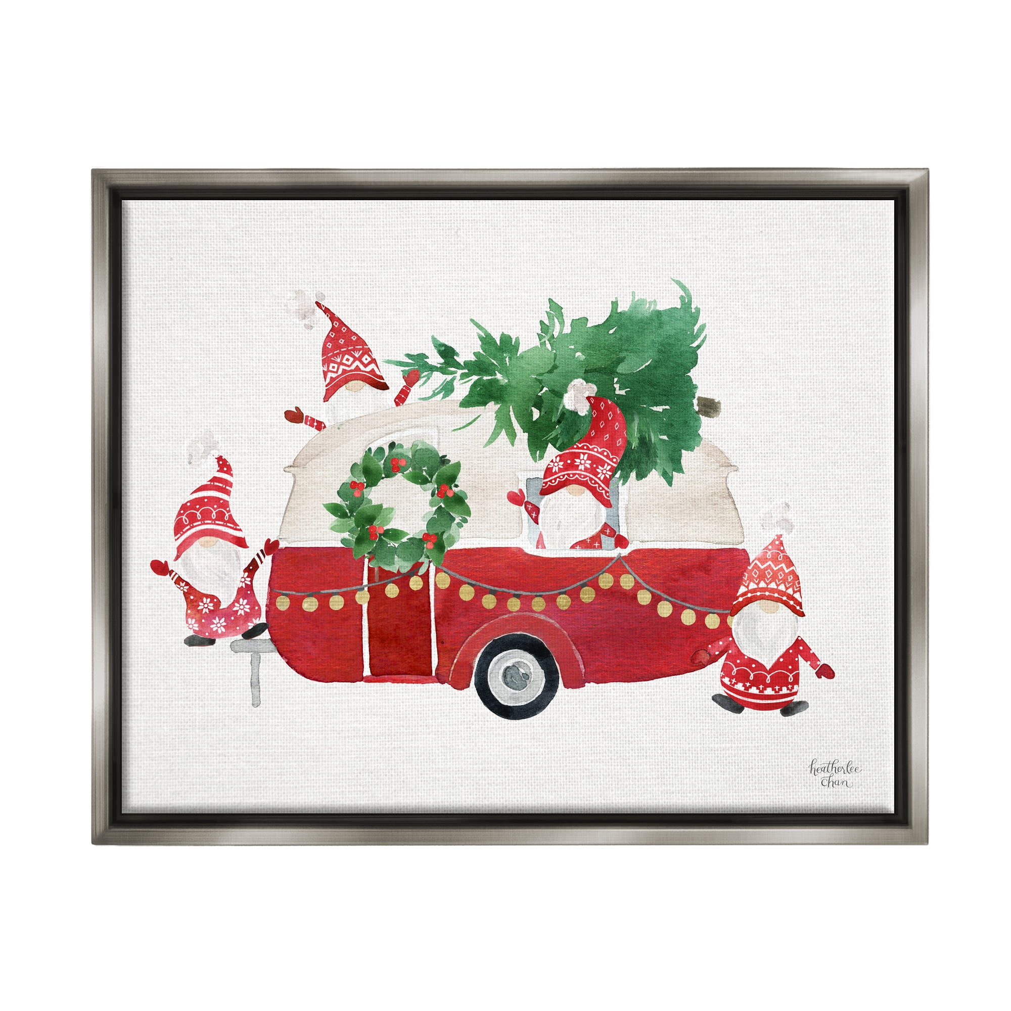 Stupell Industries Holiday Garden Gnomes Seasonal Holly Wreath Tree Painting Luster Gray Floating Framed Canvas Print Wall Art, Design by Heatherlee Chan