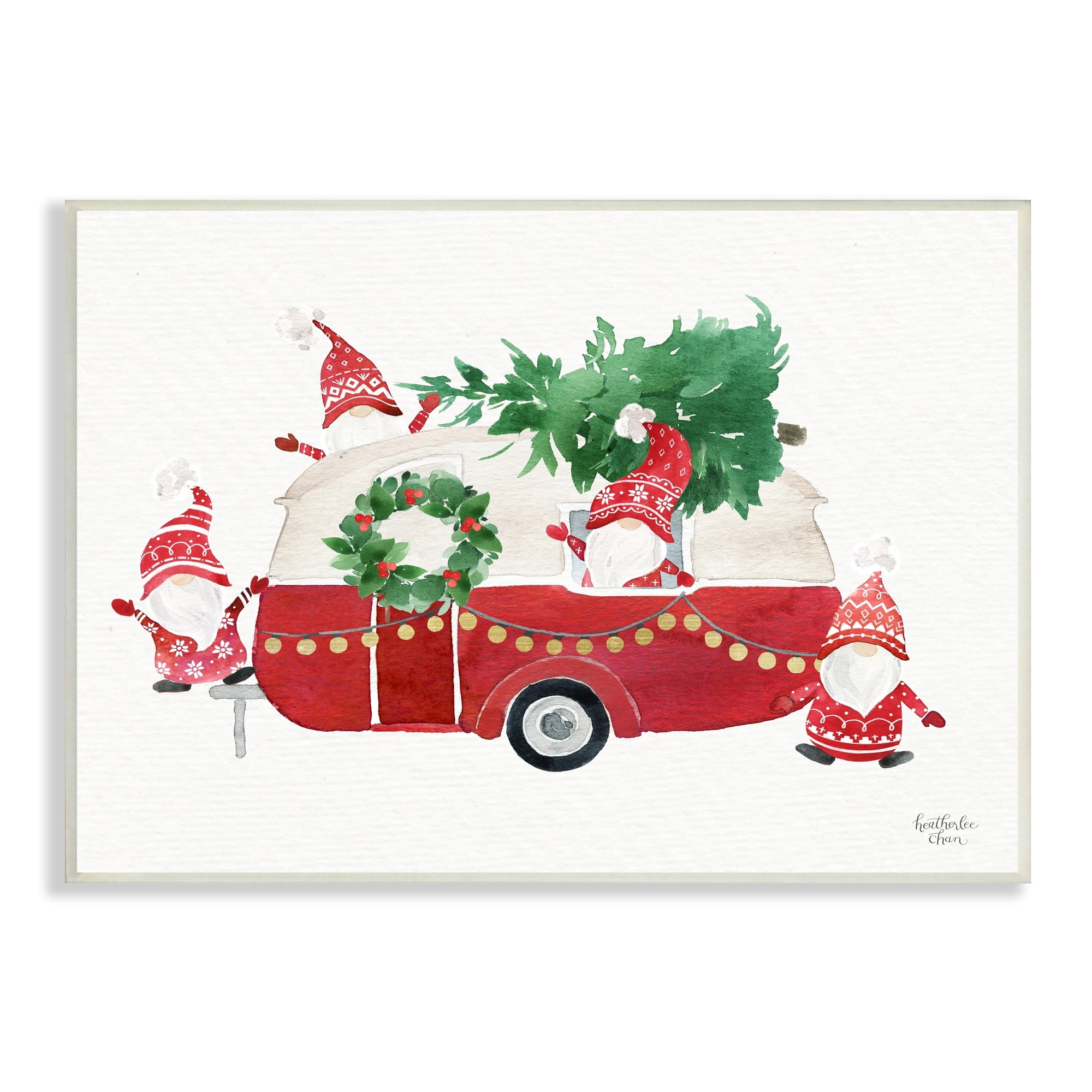 Stupell Industries Holiday Garden Gnomes Seasonal Holly Wreath Tree Painting Unframed Art Print Wall Art, Design by Heatherlee Chan