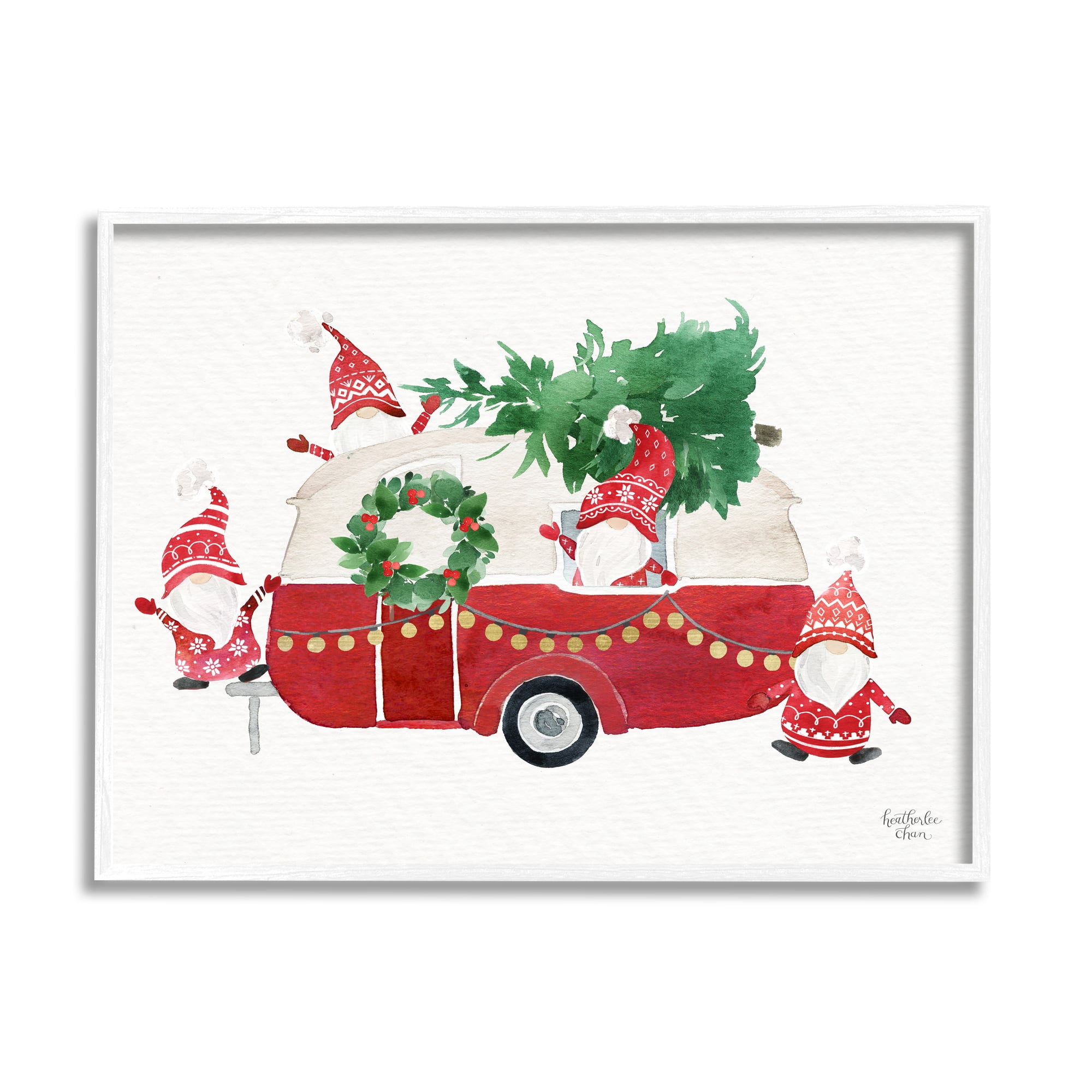 Stupell Industries Holiday Garden Gnomes Seasonal Holly Wreath Tree Painting White Framed Art Print Wall Art, Design by Heatherlee Chan
