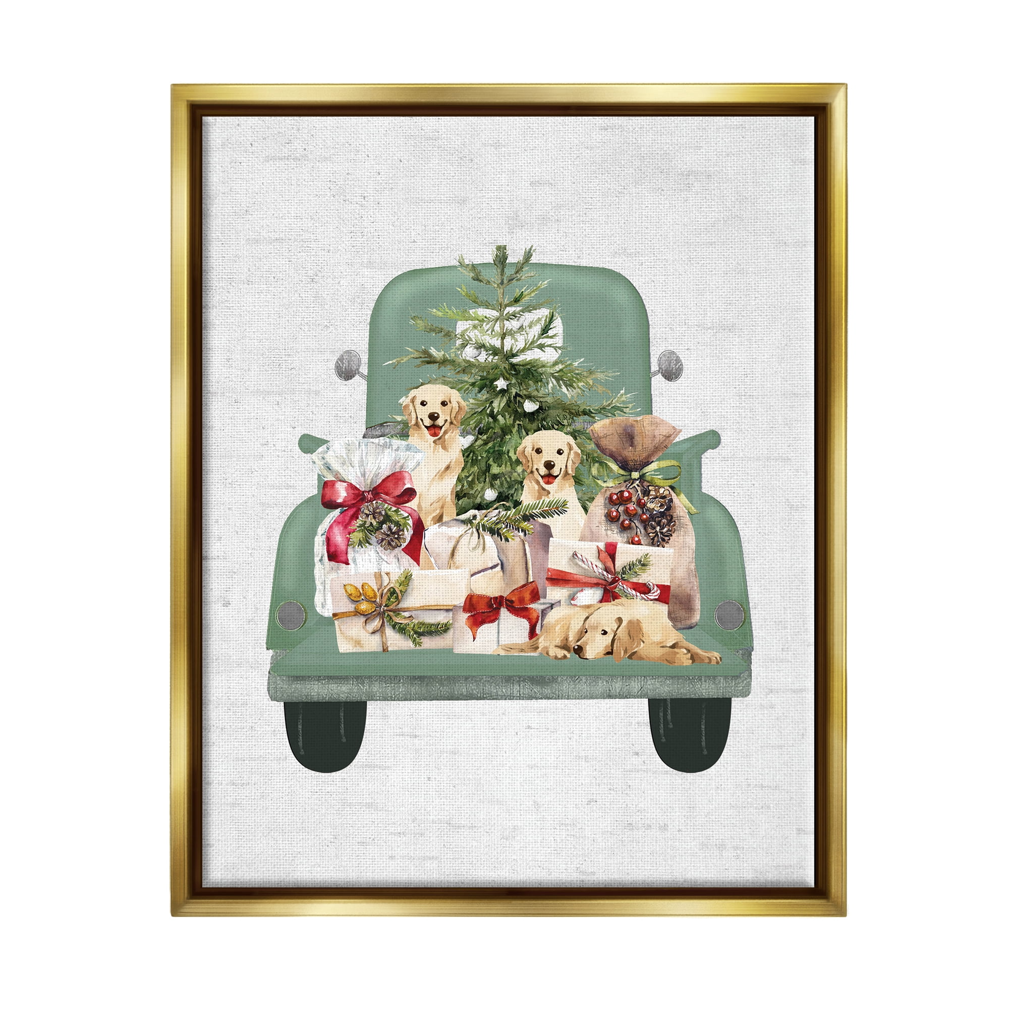 Stupell Industries Holiday Gift Truck Holiday Painting Gold Floater Framed Canvas Art Print Wall Art, 25 x 31