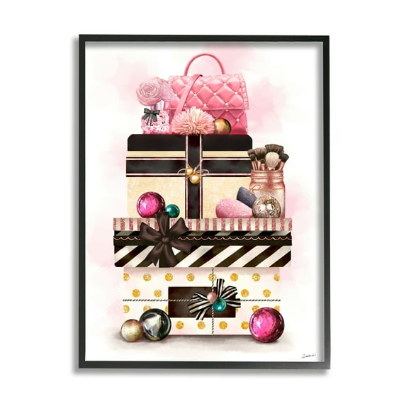 Stupell Industries Holiday Glam Fashion Gift Stack Christmas Accessories Holiday Painting Black Framed Art Print Wall Art, 11 x 14