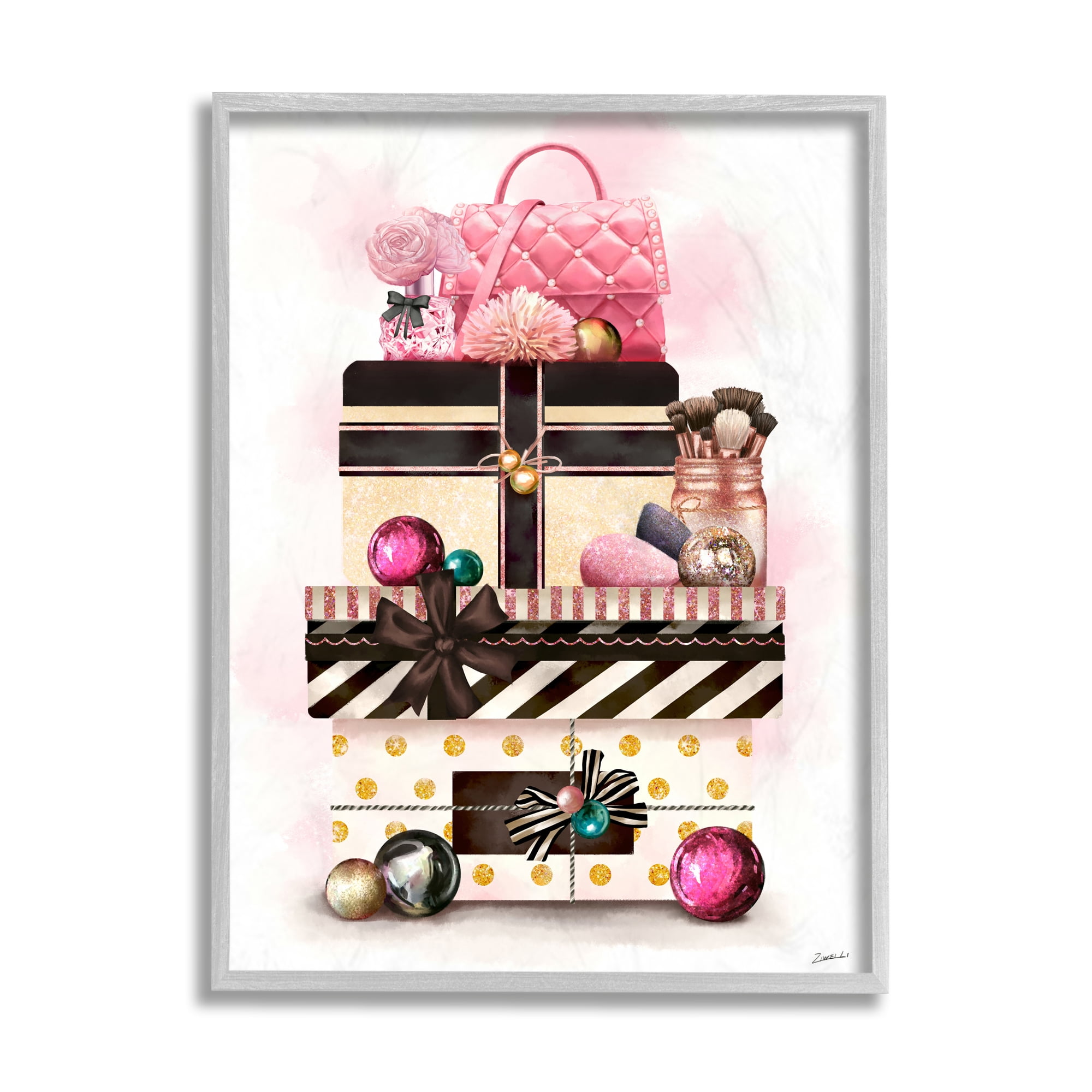 Stupell Industries Holiday Glam Fashion Gift Stack Christmas Accessories Holiday Painting Gray Framed Art Print Wall Art, 11 x 14