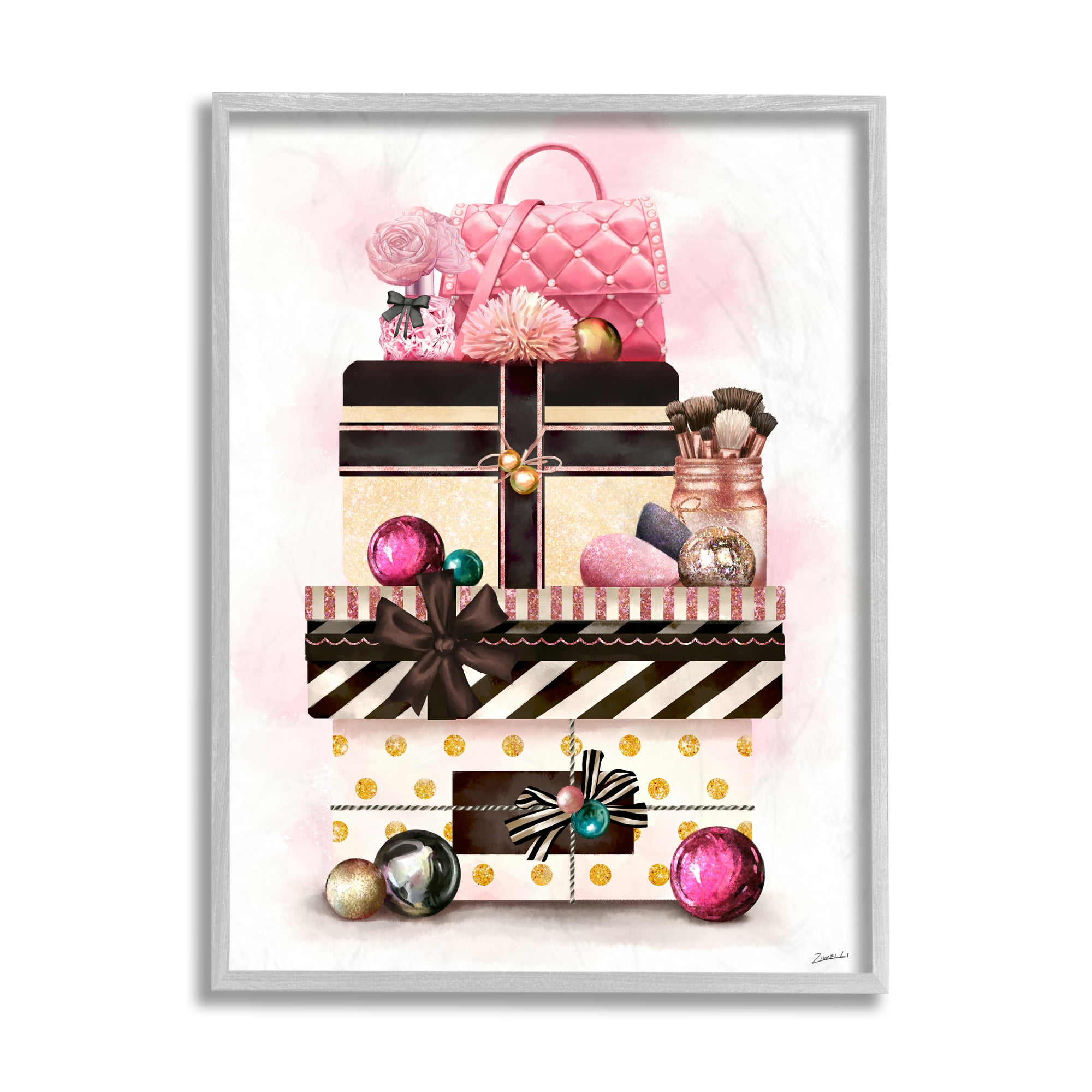 Stupell Industries Holiday Glam Fashion Gift Stack Christmas Accessories Holiday Painting Gray Framed Art Print Wall Art, 16 x 20