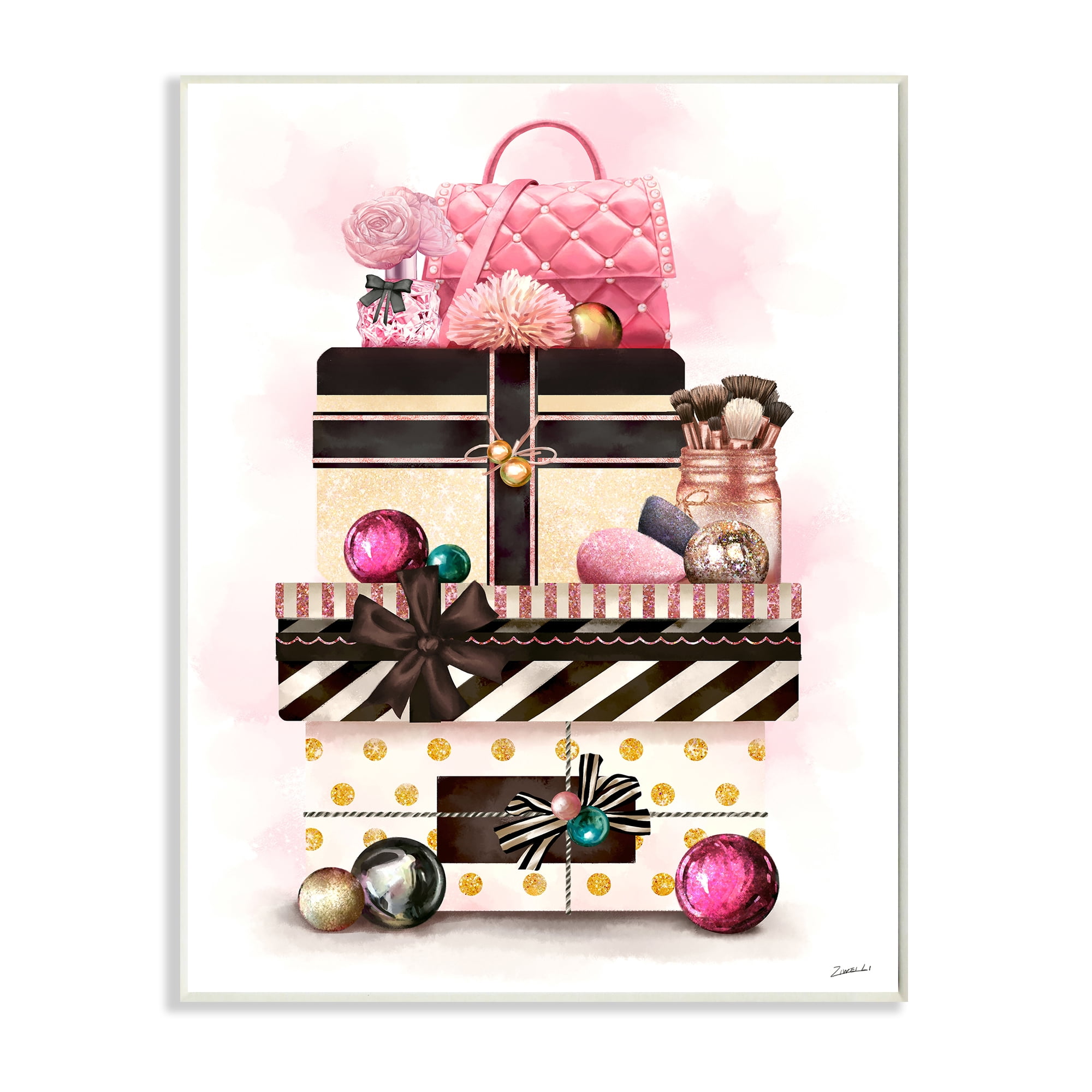 Stupell Industries Holiday Glam Fashion Gift Stack Christmas Accessories Holiday Painting Wall Plaque Art Print Wall Art, 10 x 15