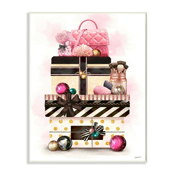Stupell Industries Holiday Glam Fashion Gift Stack Christmas Accessories Holiday Painting Wall Plaque Art Print Wall Art, 10 x 15