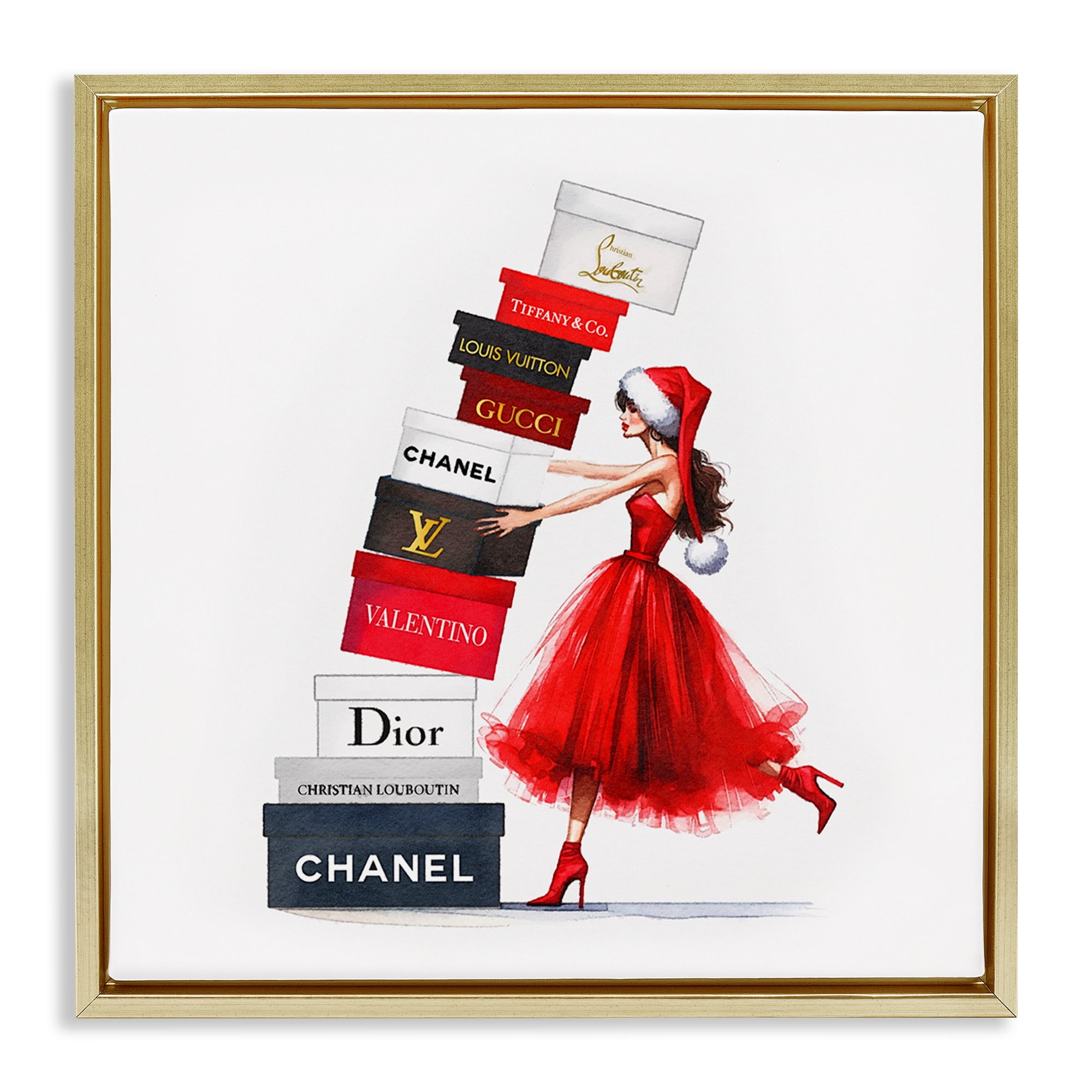 Stupell Industries Holiday Glam Shopping Boxes Holiday Painting Gold Floater Framed Canvas Art Prints Wall Art, 25 x 25