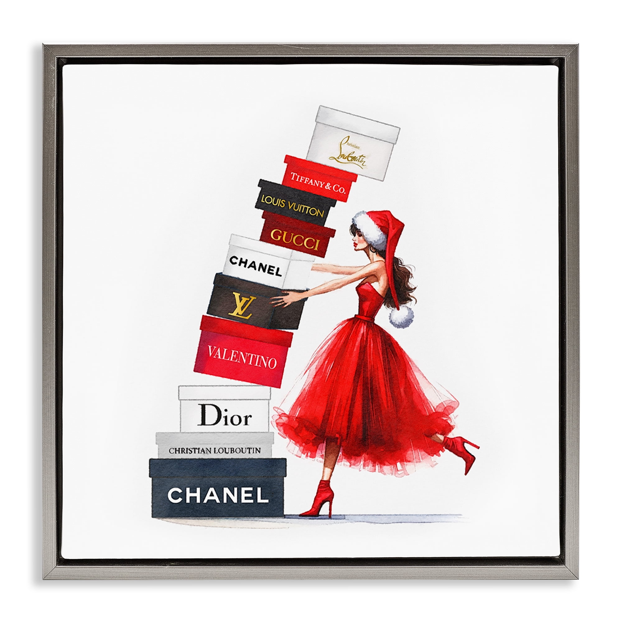 Stupell Industries Holiday Glam Shopping Boxes Holiday Painting Gray Floater Framed Canvas Art Prints Wall Art, 18 x 18