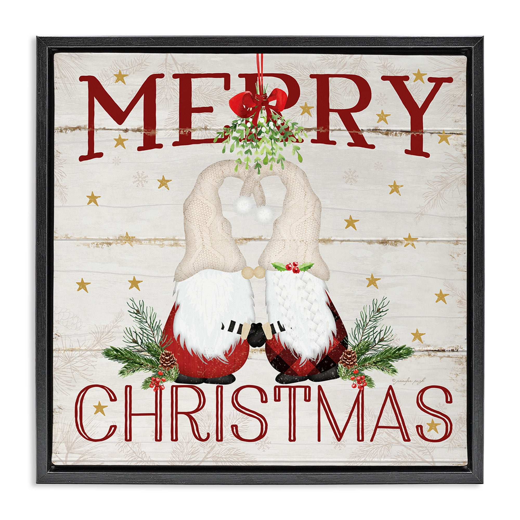 Stupell Industries Holiday Gnomes Under Mistletoe Holiday Painting Black Floater Framed Canvas Art Print Wall Art, 25 x 25