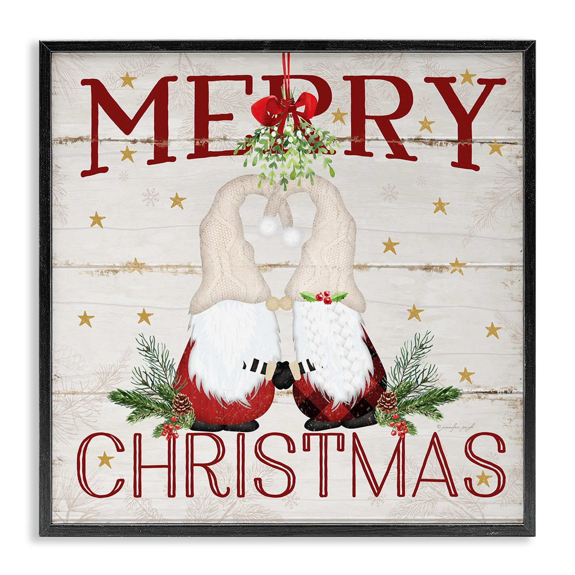 Stupell Industries Holiday Gnomes Under Mistletoe Holiday Painting Black Framed Art Print Wall Art, 24 x 24