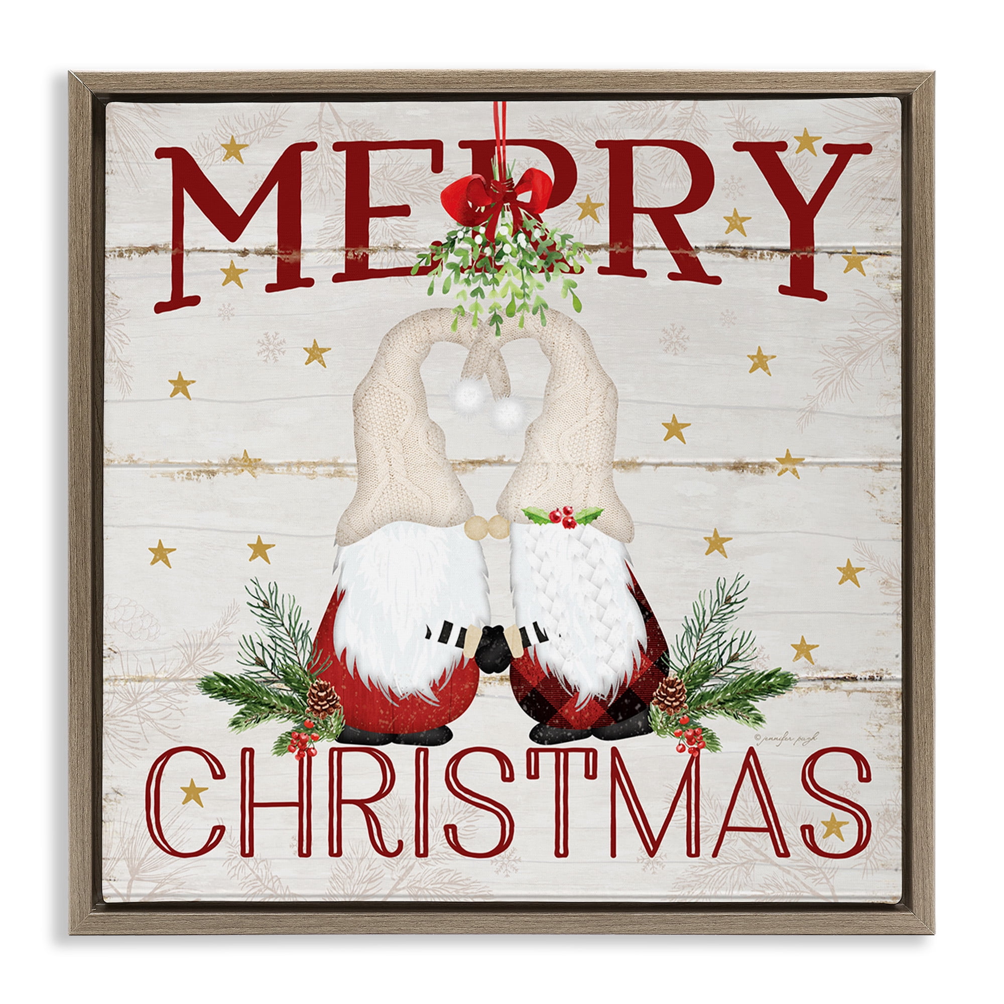Stupell Industries Holiday Gnomes Under Mistletoe Holiday Painting Brown Floater Framed Canvas Art Print Wall Art, 18 x 18