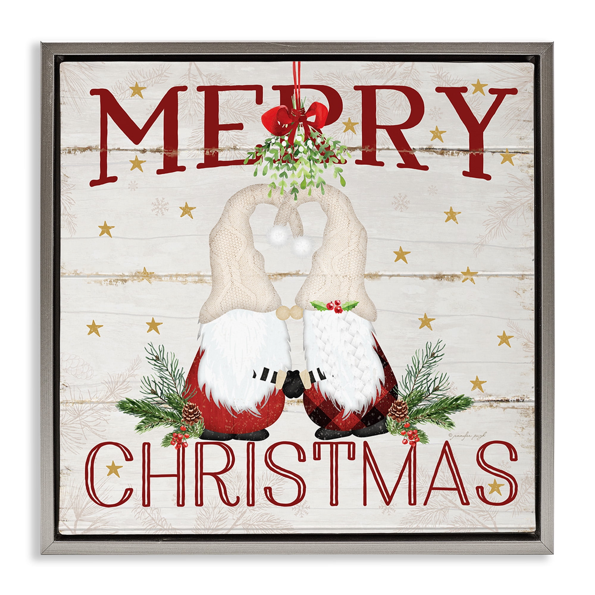 Stupell Industries Holiday Gnomes Under Mistletoe Holiday Painting Gray Floater Framed Canvas Art Print Wall Art, 18 x 18