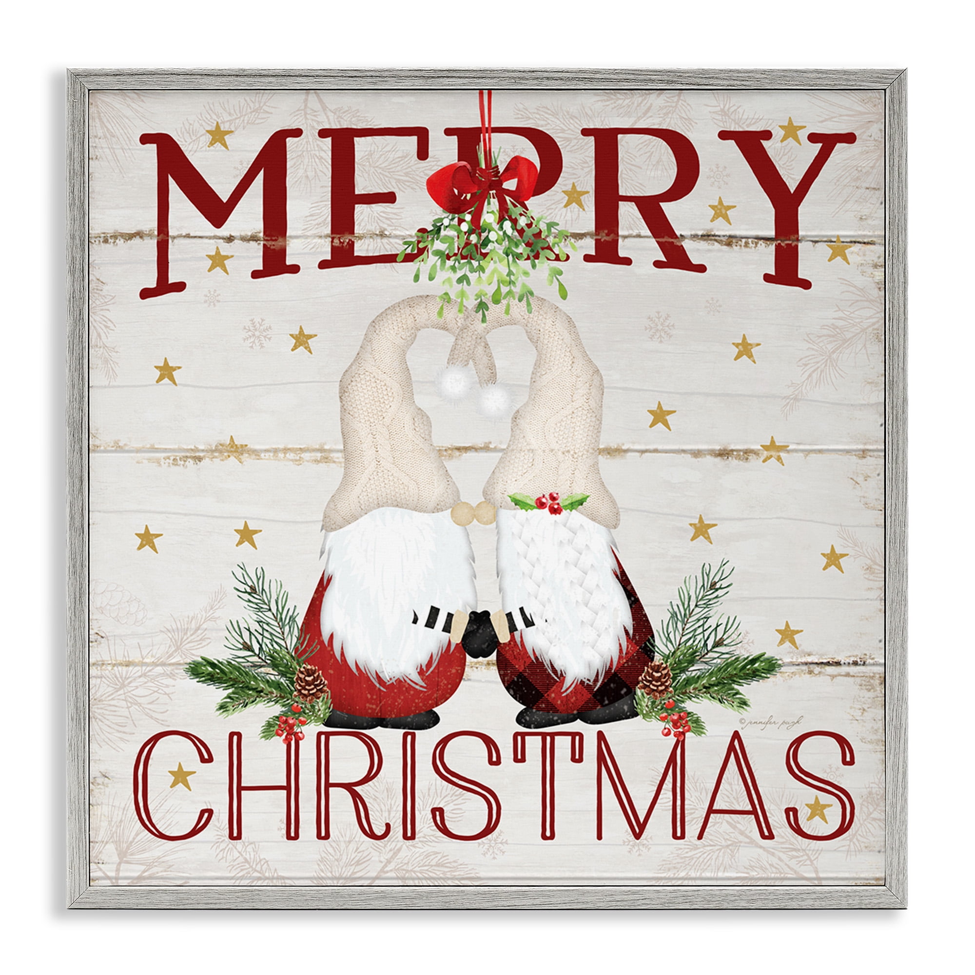 Stupell Industries Holiday Gnomes Under Mistletoe Holiday Painting Gray Framed Art Print Wall Art, 12 x 12
