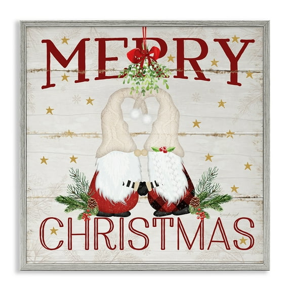 Stupell Industries Holiday Gnomes Under Mistletoe Holiday Painting Gray Framed Art Print Wall Art, 17 x 17