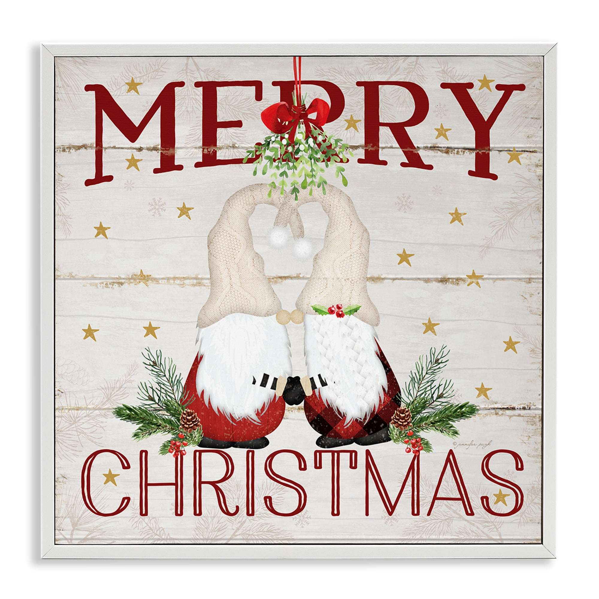 Stupell Industries Holiday Gnomes Under Mistletoe Holiday Painting White Framed Art Print Wall Art, 24 x 24