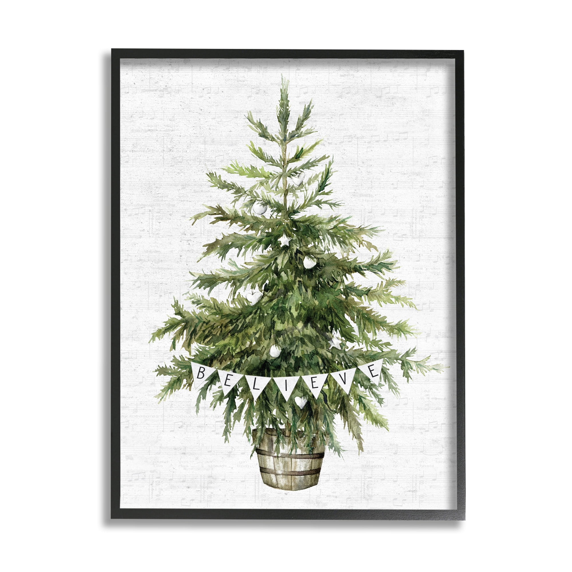 Stupell Industries Holiday Green Fir Tree with Believe Phrase Holiday Painting Black Framed Art Print Wall Art, 11 x 14