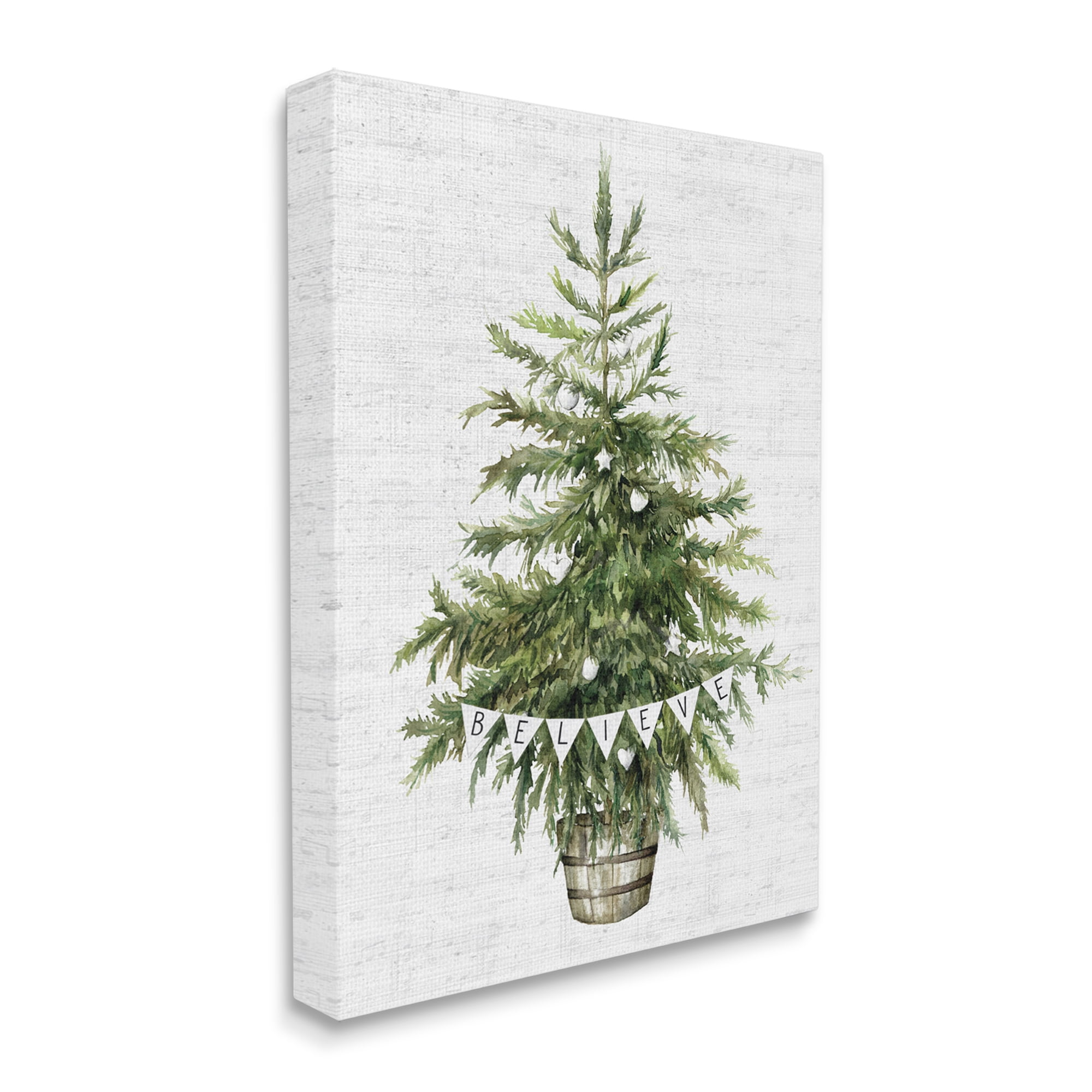 Stupell Industries Holiday Green Fir Tree with Believe Phrase Holiday Painting Gallery Wrapped Canvas Art Print Wall Art, 30 x 40