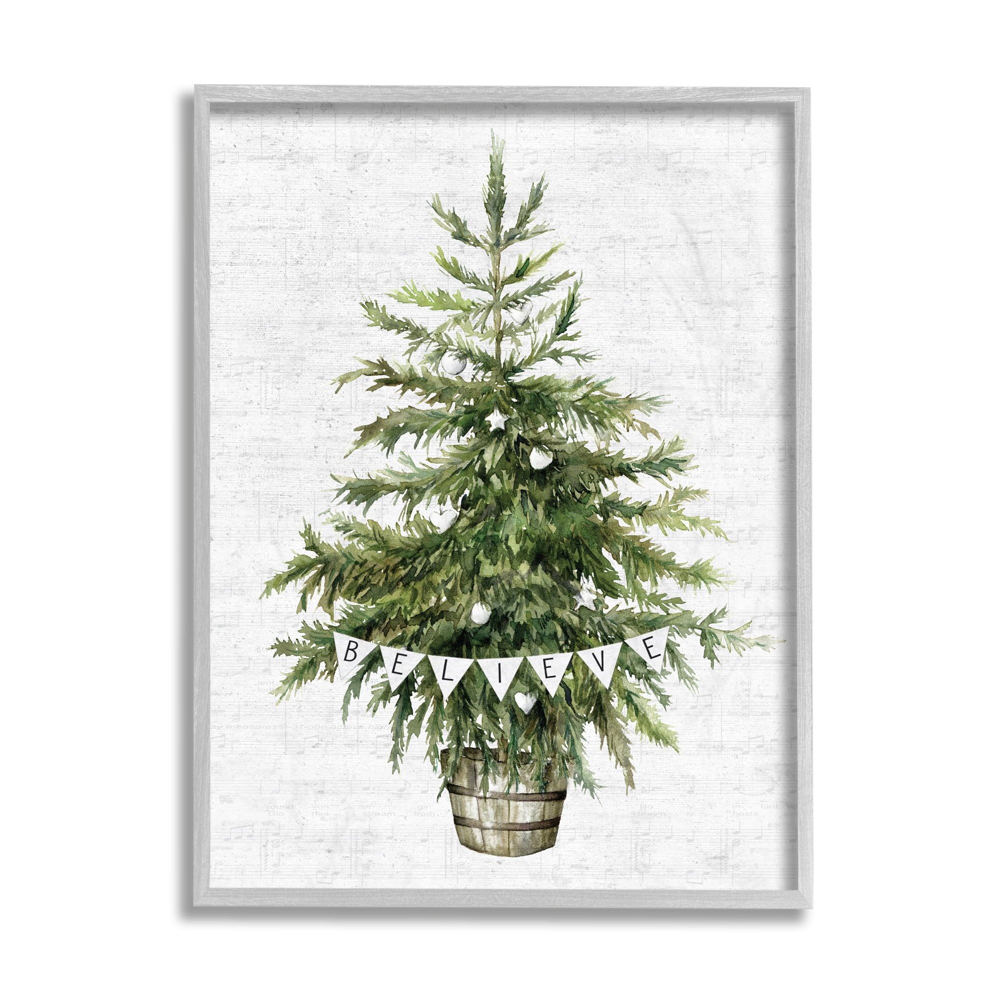 Stupell Industries Holiday Green Fir Tree with Believe Phrase Holiday Painting Gray Framed Art Print Wall Art, 11 x 14