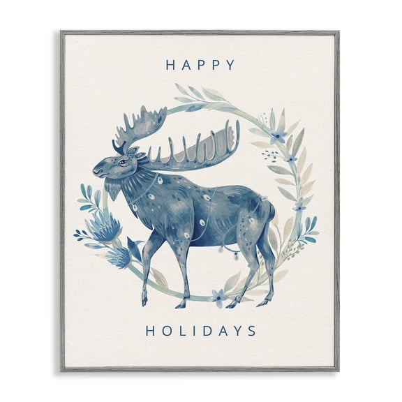 Stupell Industries Holiday Greeting with Moose Animals Painting Gray Framed Art Print Wall Art, 24 x 30