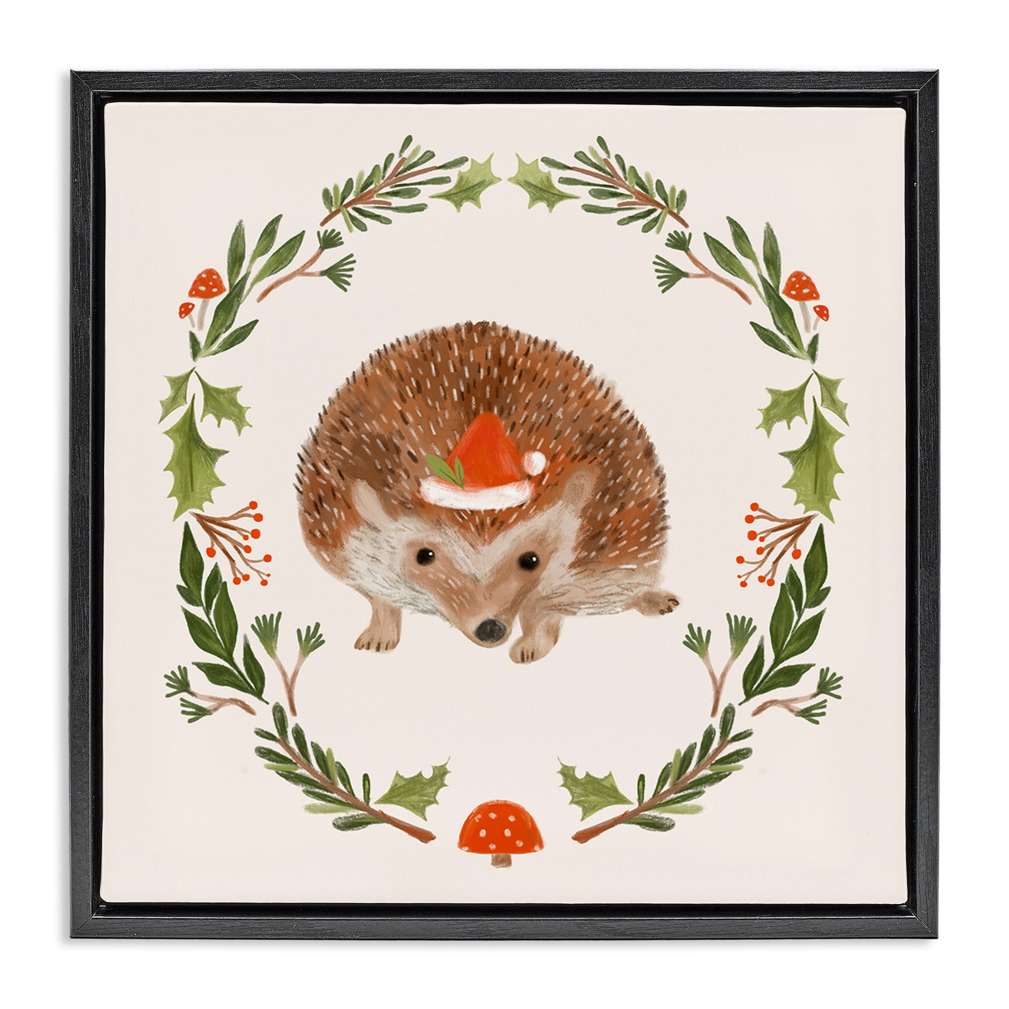 Stupell Industries Holiday Hedgehog Wreaf Holiday Painting Black Floater Framed Canvas Art Prints Wall Art, 25 x 25