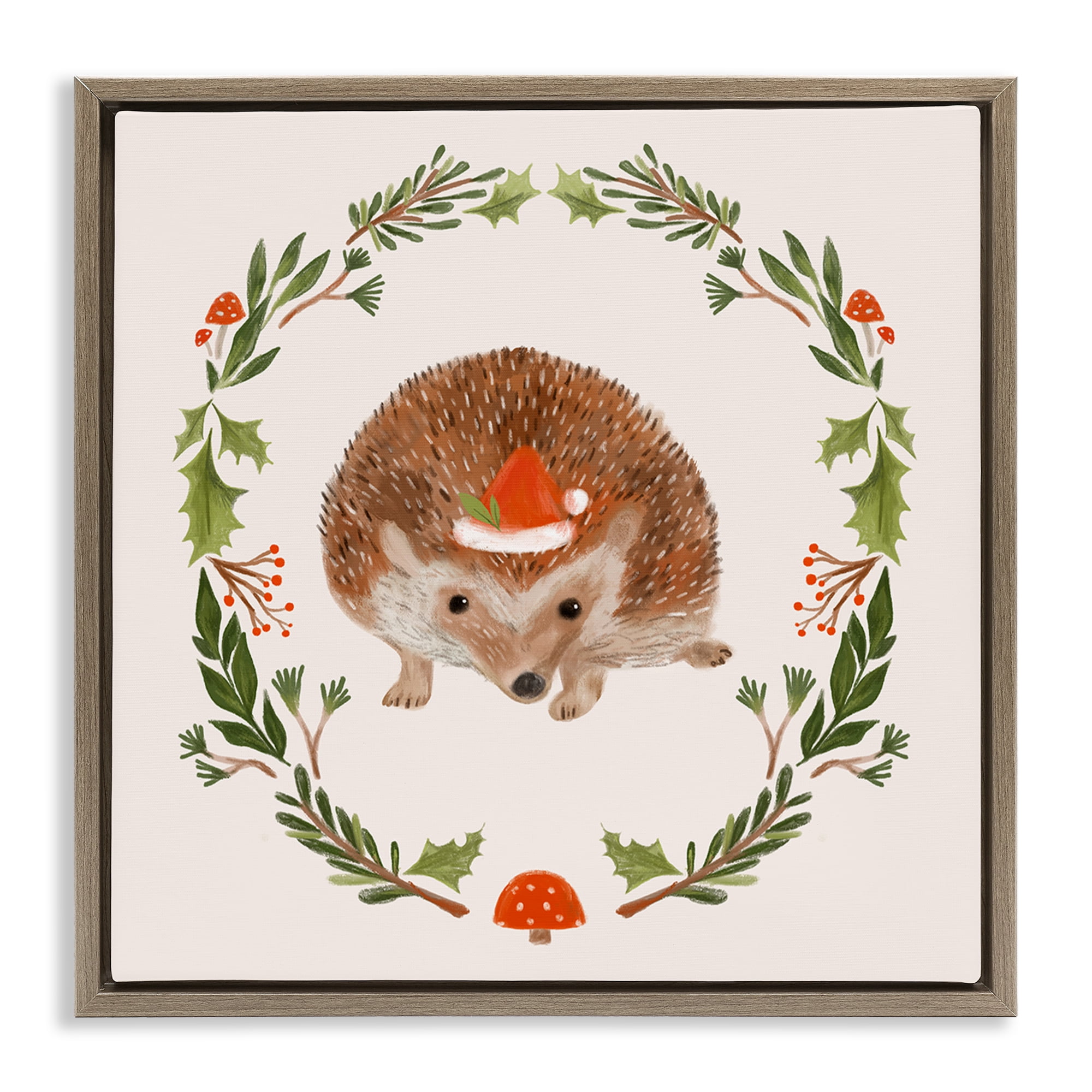 Stupell Industries Holiday Hedgehog Wreaf Holiday Painting Brown Floater Framed Canvas Art Prints Wall Art, 25 x 25