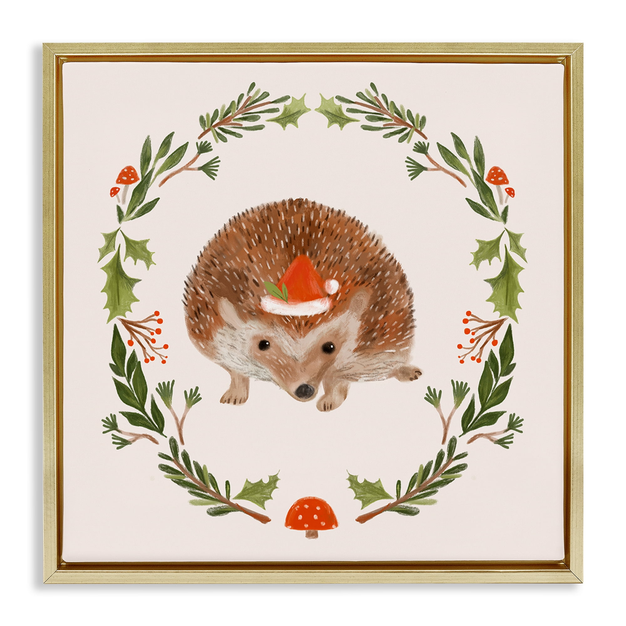 Stupell Industries Holiday Hedgehog Wreaf Holiday Painting Gold Floater Framed Canvas Art Prints Wall Art, 18 x 18