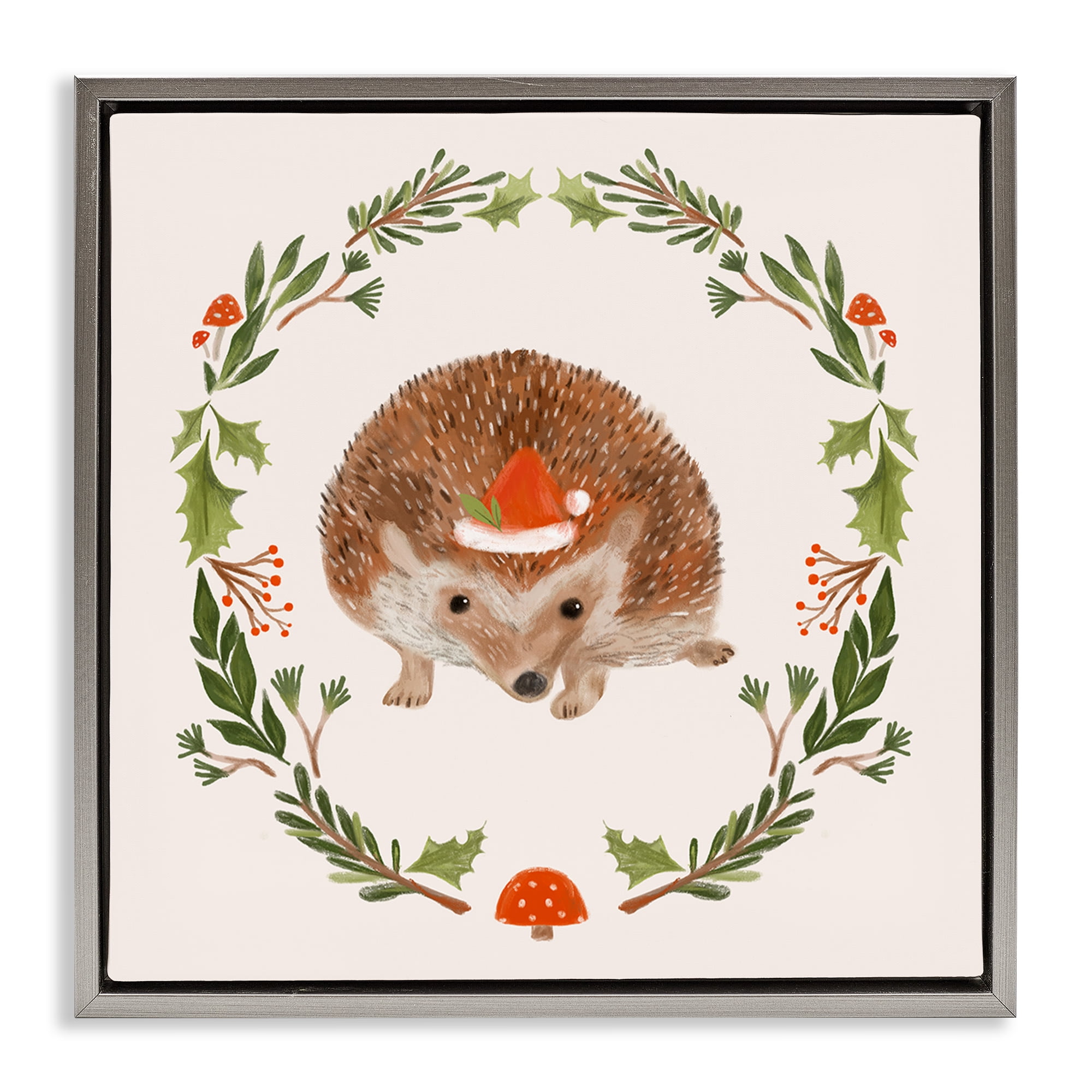 Stupell Industries Holiday Hedgehog Wreaf Holiday Painting Gray Floater Framed Canvas Art Prints Wall Art, 18 x 18