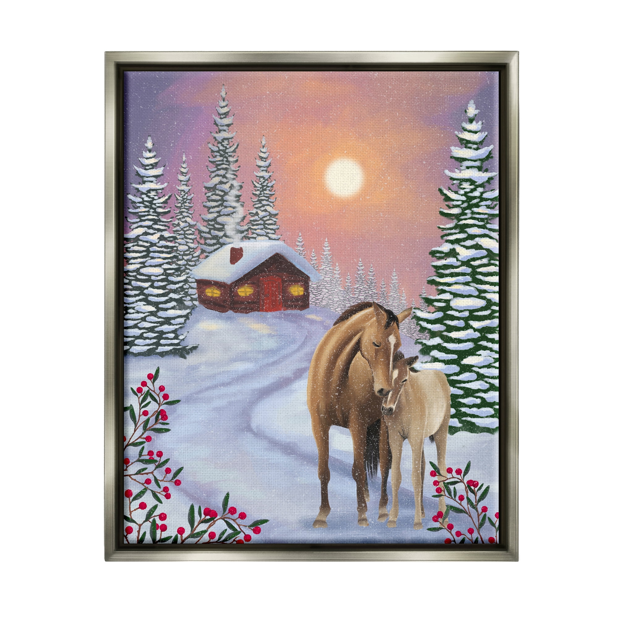 Stupell Industries Holiday Horses Winter Scene Holiday Painting Gray Floater Framed Art Print Wall Art