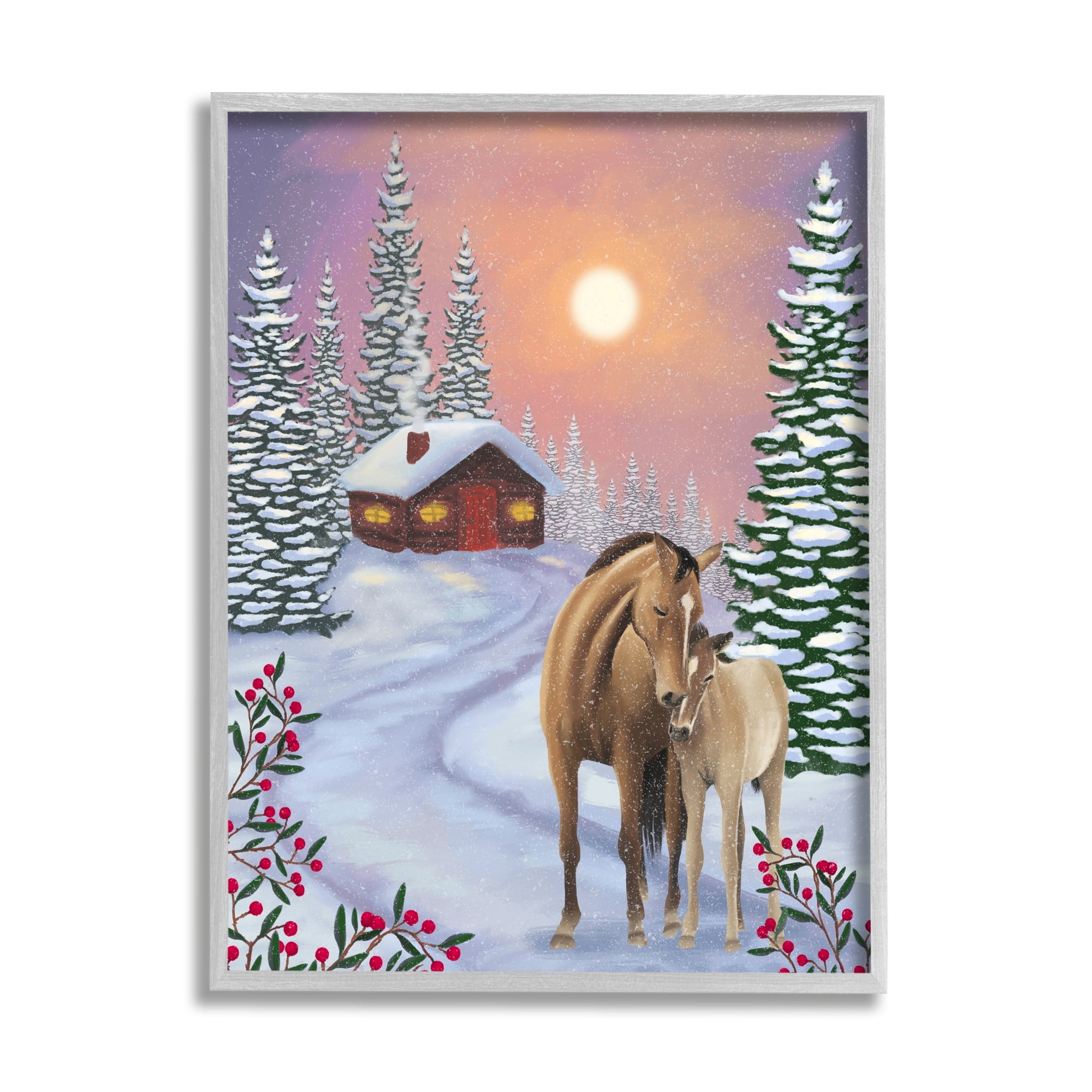 Stupell Industries Holiday Horses Winter Scene Holiday Painting Gray Framed Art Print Wall Art