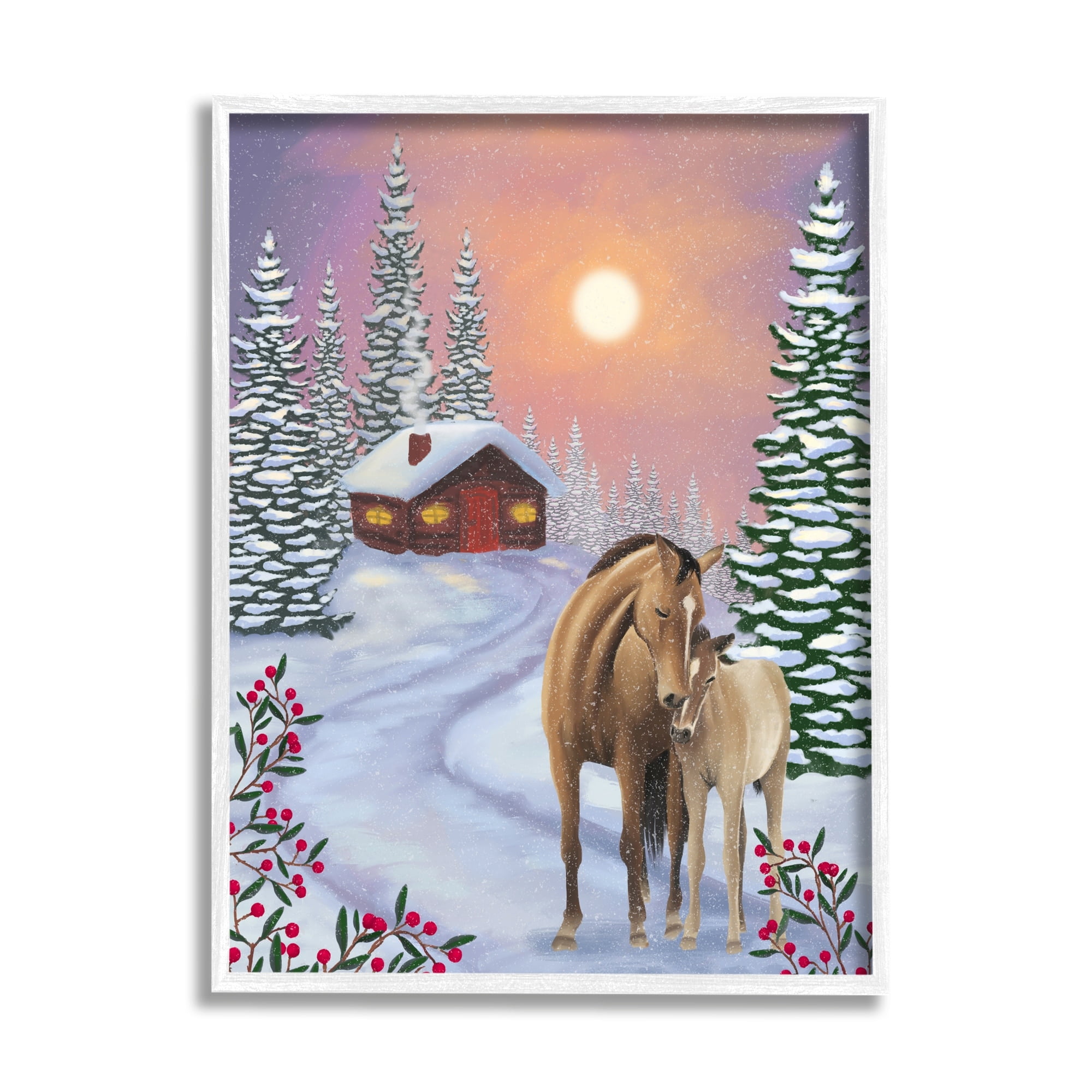 Stupell Industries Holiday Horses Winter Scene Holiday Painting White Framed Art Print Wall Art
