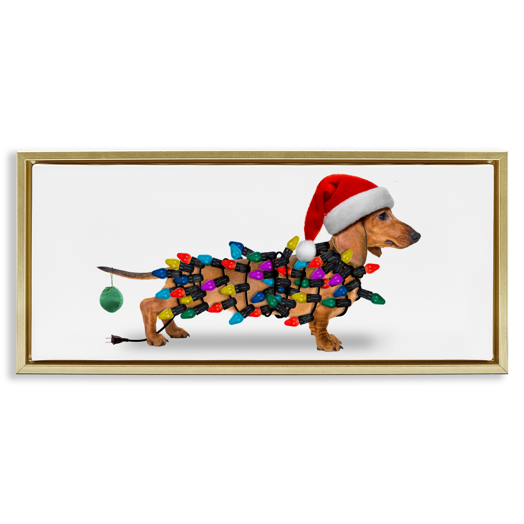 Stupell Industries Holiday Lights Dachshund Holiday Painting Gold Floater Framed Canvas Art Prints Wall Art, 31 x 14