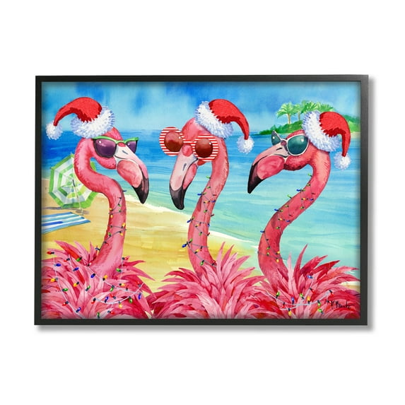 Stupell Industries Holiday Lights Flamingos Beach Graphic Art Black Framed Art Print Wall Art, Design by Paul Brent