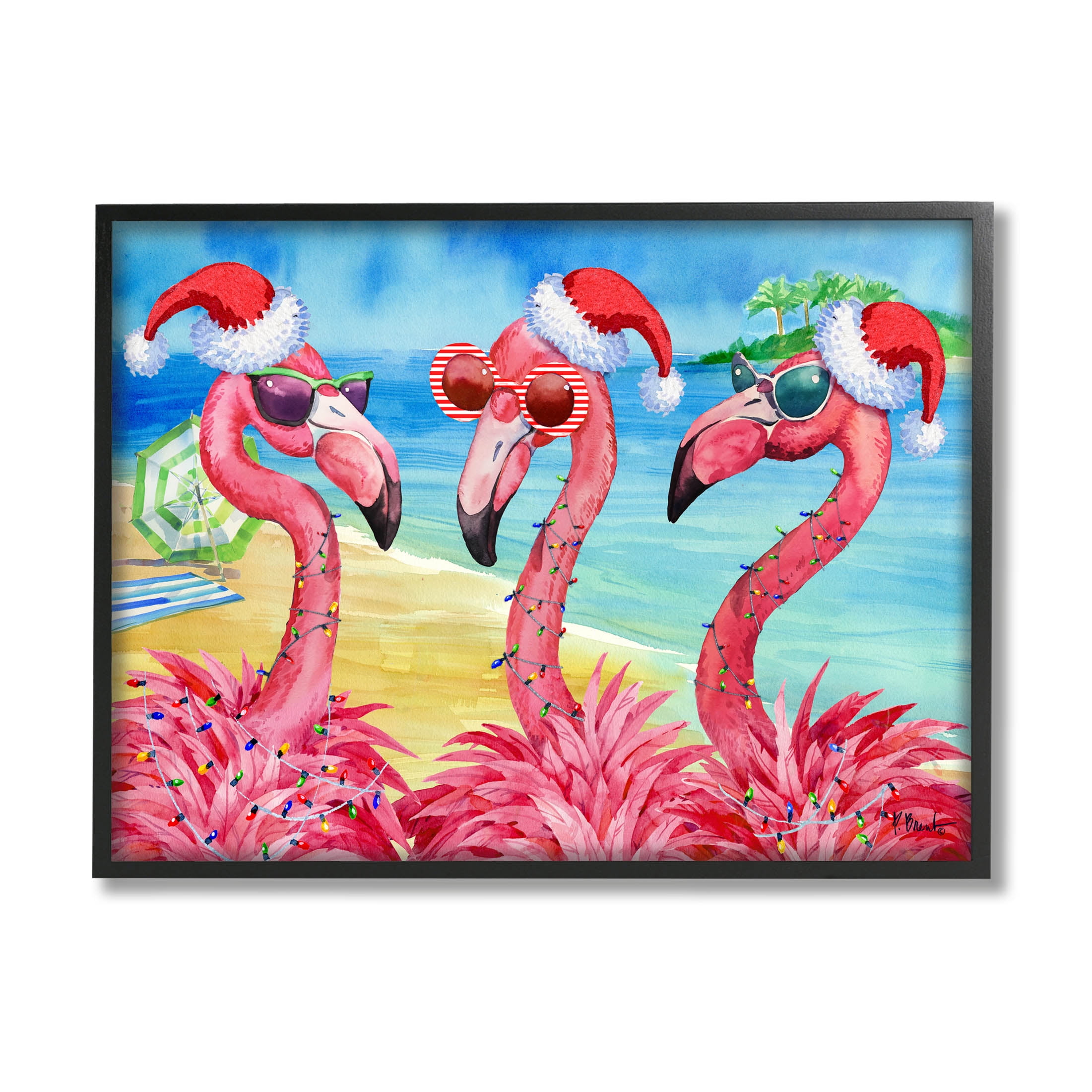 Holiday Flamingos Beach Scene Black Framed Wood Wall Art