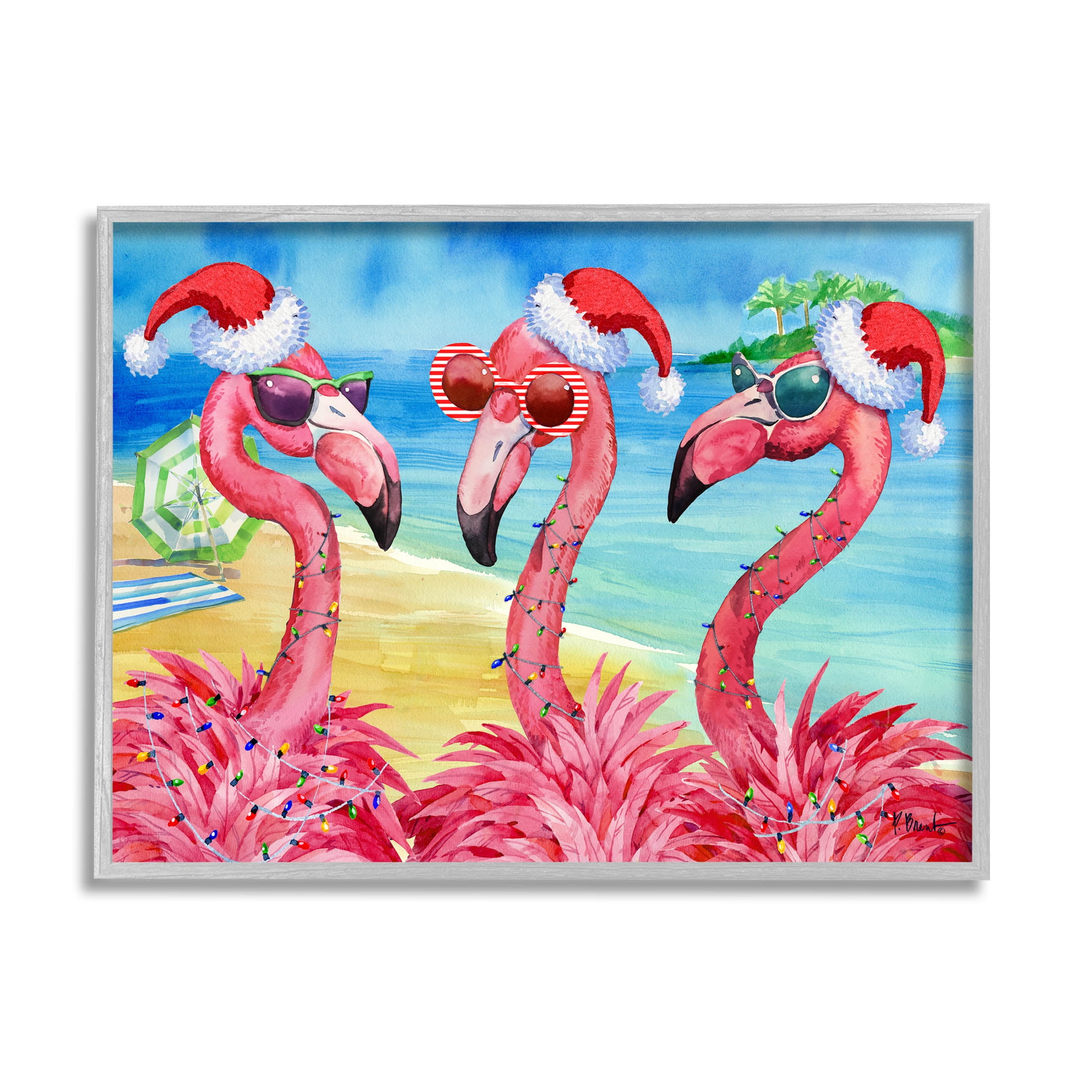 Stupell Industries Holiday Lights Flamingos Beach Graphic Art Gray Framed Art Print Wall Art, Design by Paul Brent