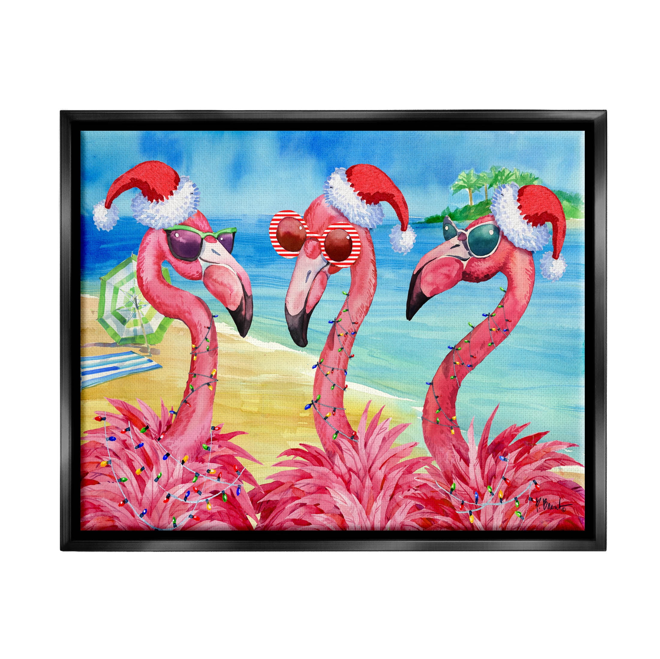 Stupell Industries Holiday Lights Flamingos Beach Graphic Art Jet Black Floating Framed Canvas Print Wall Art, Design by Paul Brent