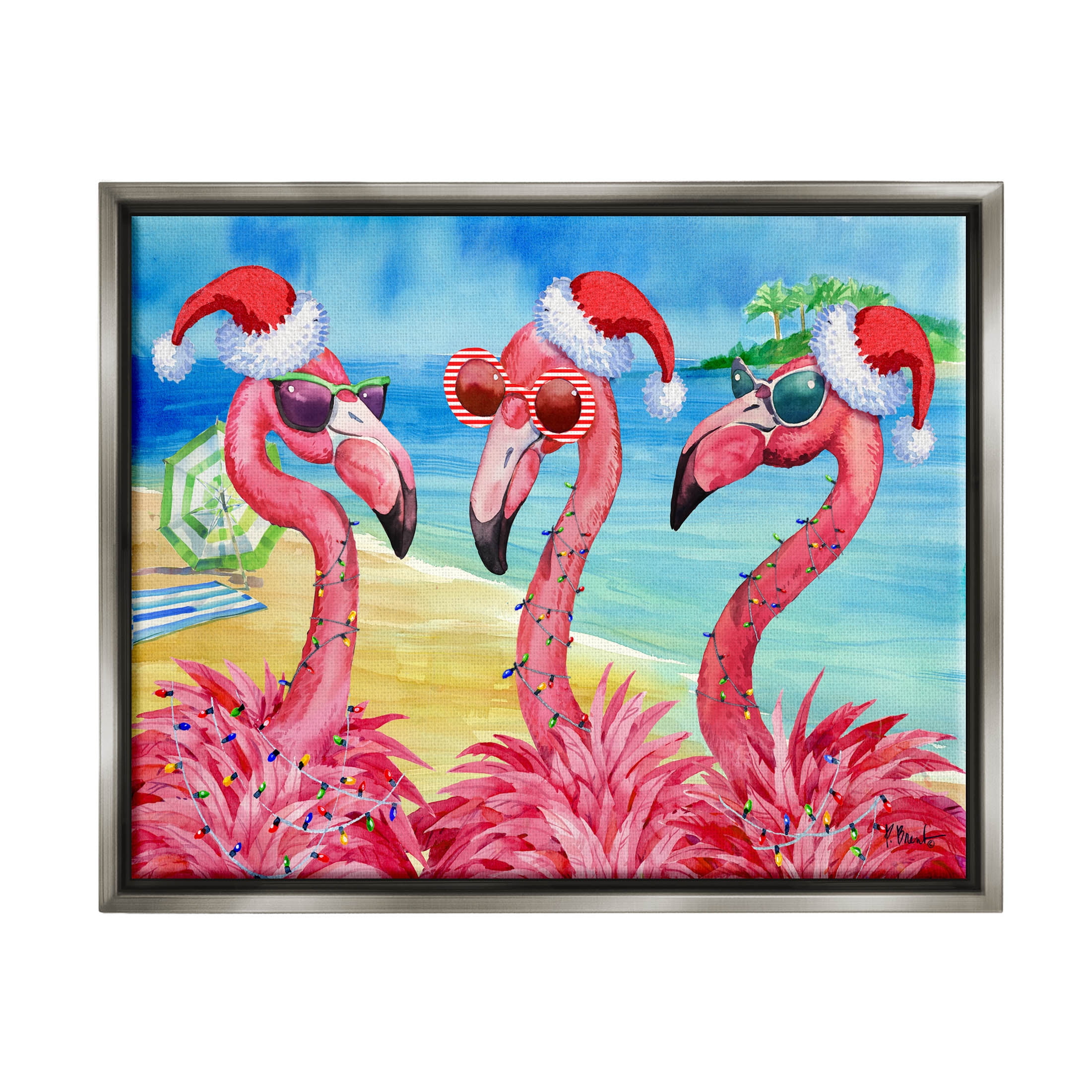 Holiday Flamingos Beach Scene Gray Floater Framed Canvas Art